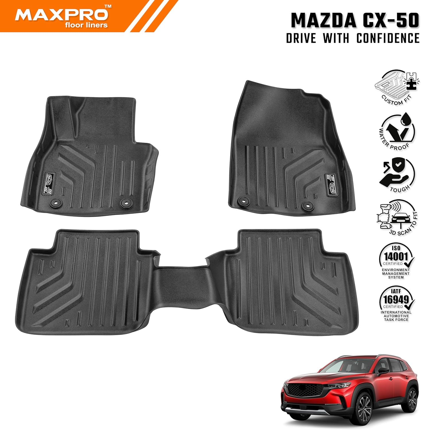 Premium MAXPRO Floor Mats for 2023-2026 Mazda CX-50 1st&2nd Row Complete Set All Weather Waterproof TPE Floor Liners Custom Fit Automotive Floor Mats Mazda CX50 Accessories Car Mats Full Set SUV Liner