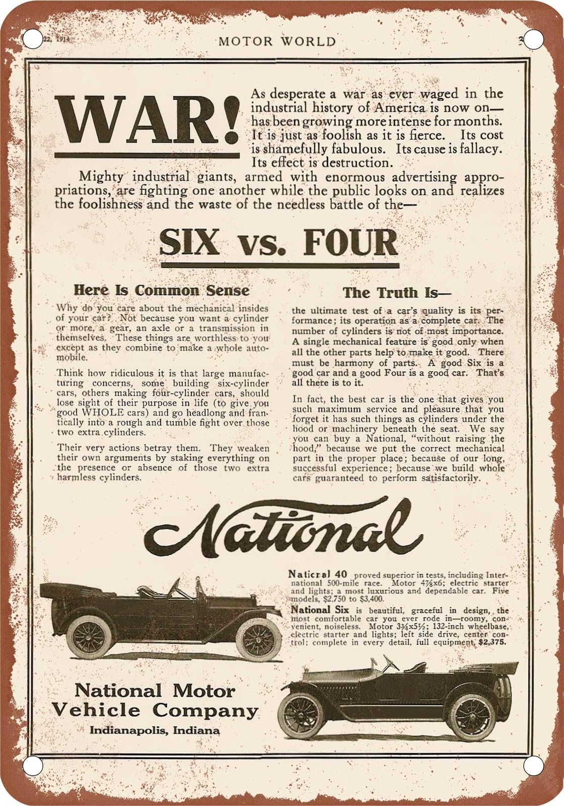 METAL SIGN - 1914 National Vintage Ad 03 - Old Retro Rusty Look home decor