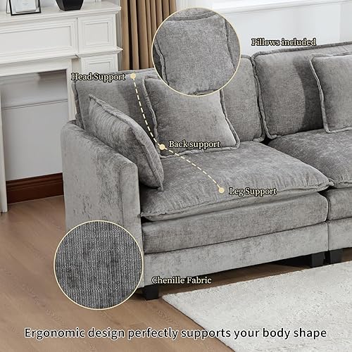 Miniatura 6 de Sofá gris de gran tamaño con una sola nube, sofás seccionales grandes de acento moderno para sala de estar, sofá modular de tela de chenilla, juego