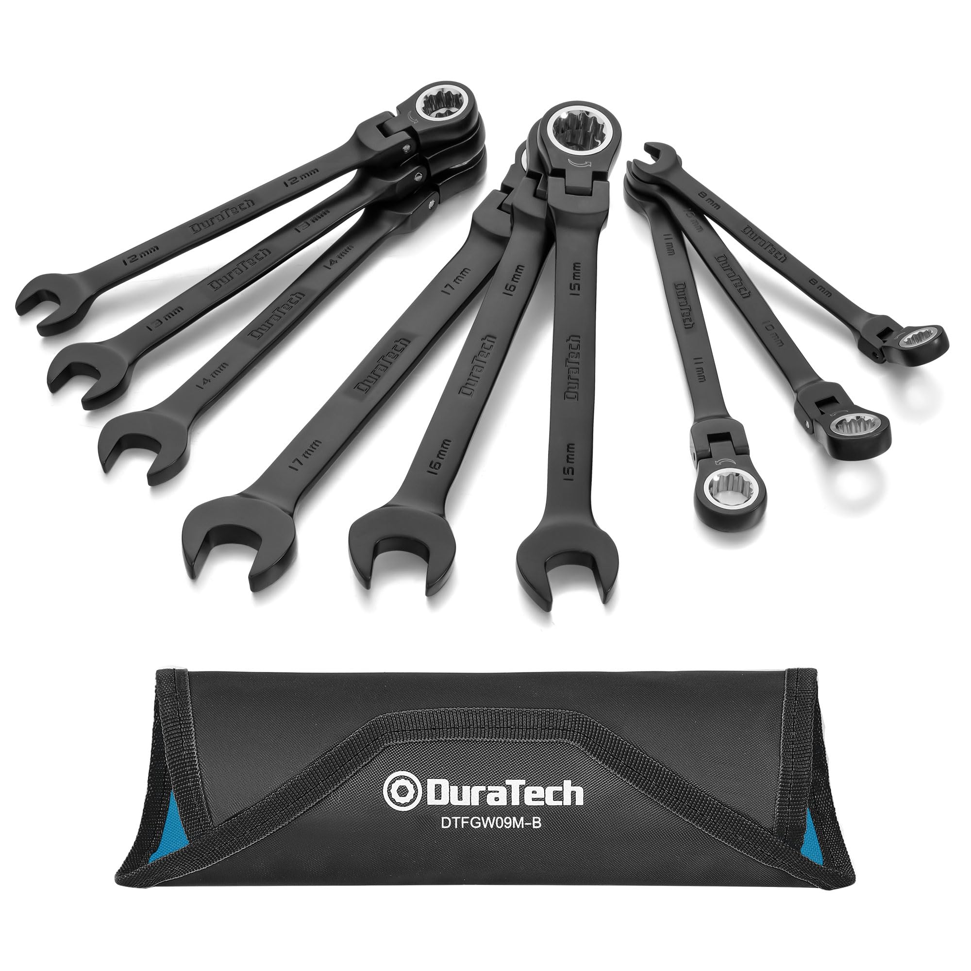 DURATECH 9-Piece Flex-Head Ratcheting Spanner Set 8-17 mm, Metric Combination Spanner Sets, Cr-V Steel, 72 Tooth, Durable Anti-Rust Coating, with Roll-up Pouch