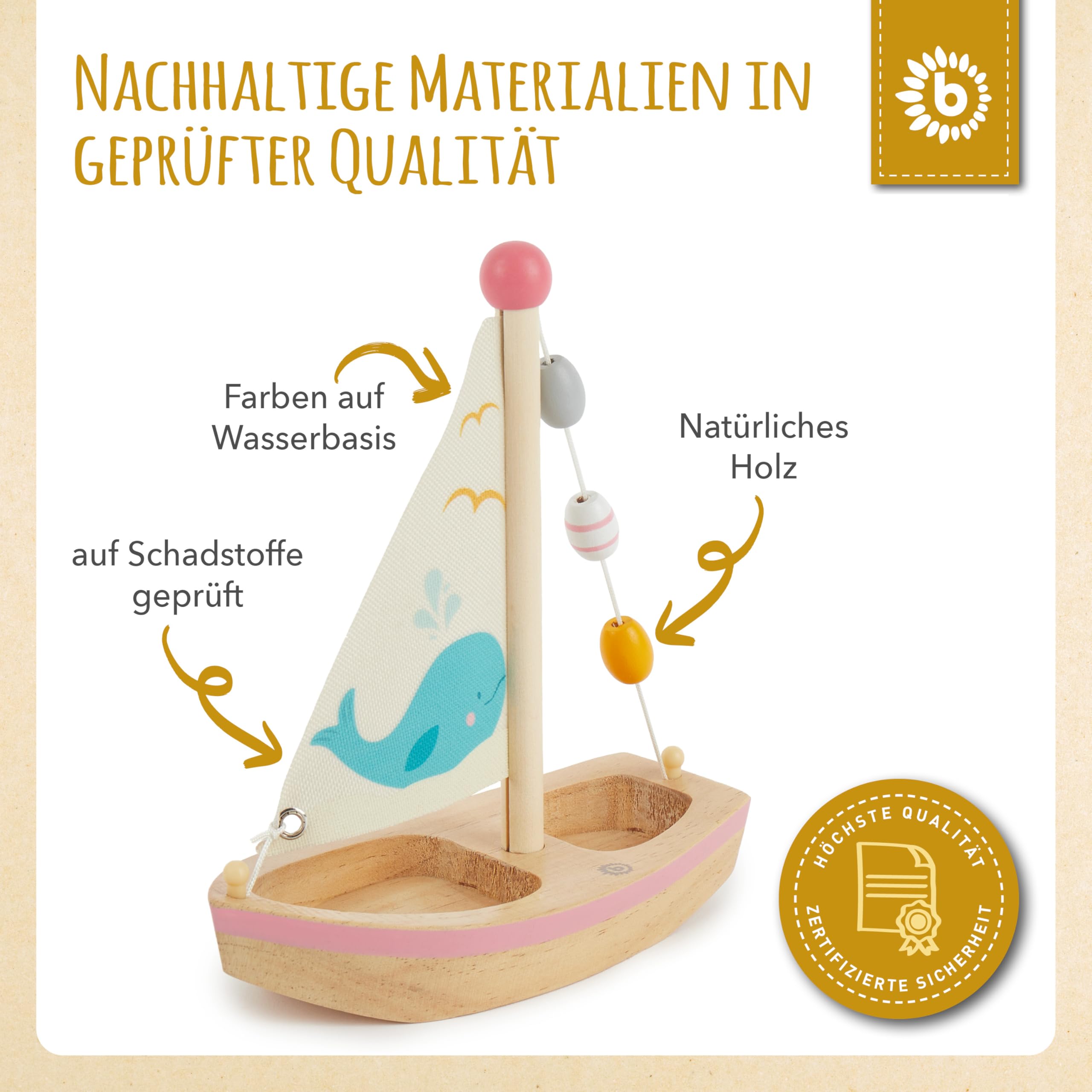 Bieco Holz Schiff für Kinder - Segelboot Spielzeug Boot Wasser - Kinderspielzeug für Kleinkinder - Sandkasten Deko