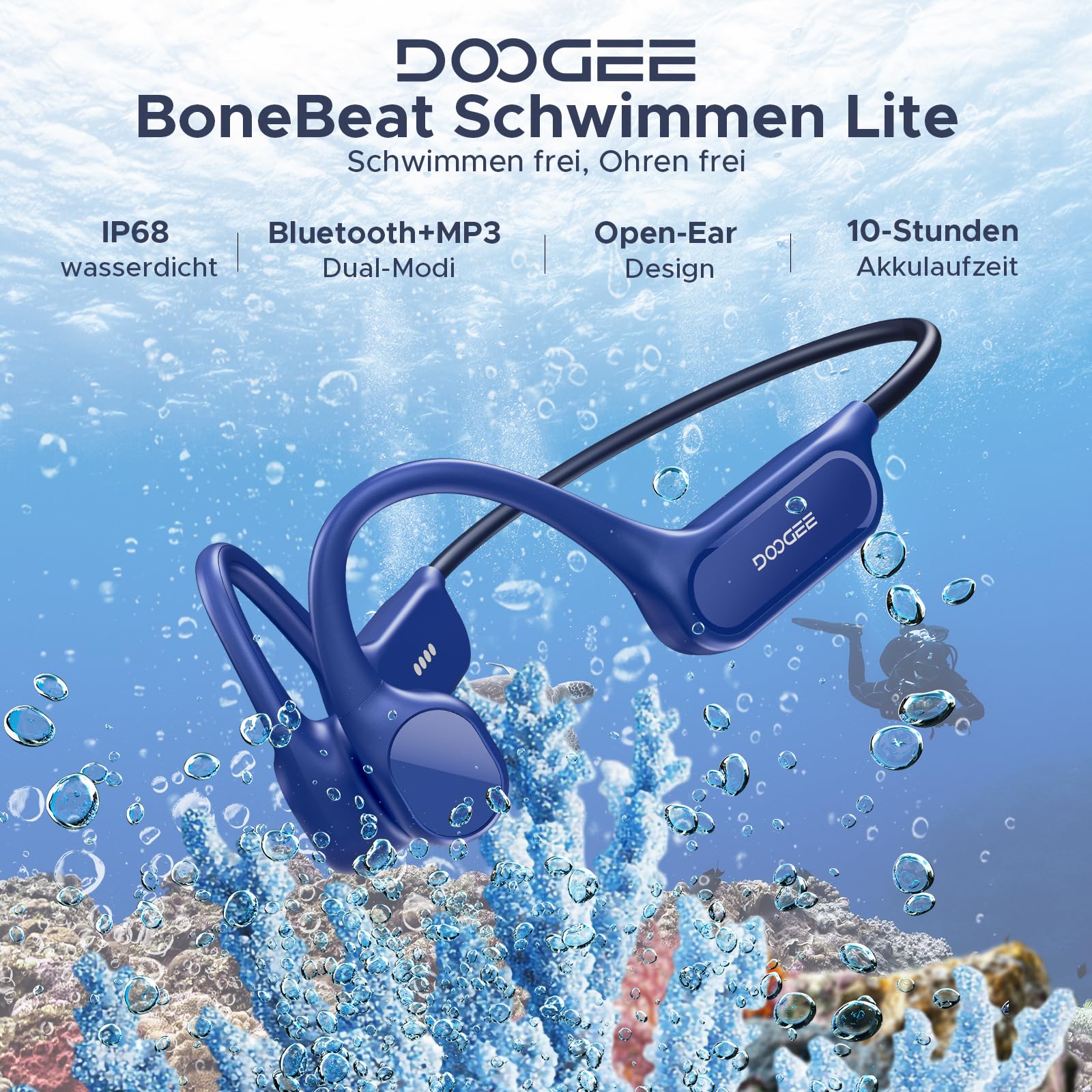 Knochenschall Kopfhörer, Open ear Kopfhörer Schwimmen, Bluetooth 5.4 Sport Kopfhörer mit IP68 Wasserdicht, Sportkopfhörer mit MP3-Player 32GB Speicher Mikrofon, Kabellose Ohrhörer zum Laufen