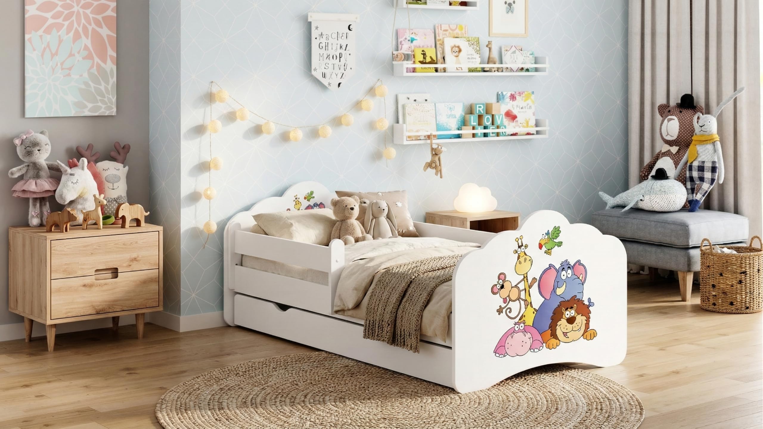 Happy Babies MOBI – Cuna de 160 x 80 cm, con protección anticaída y cajón, cama juvenil con pegatinas de colores, cuna con colchón de 80 x 160 cm, cama infantil para niñas y niños WIESS (M13)