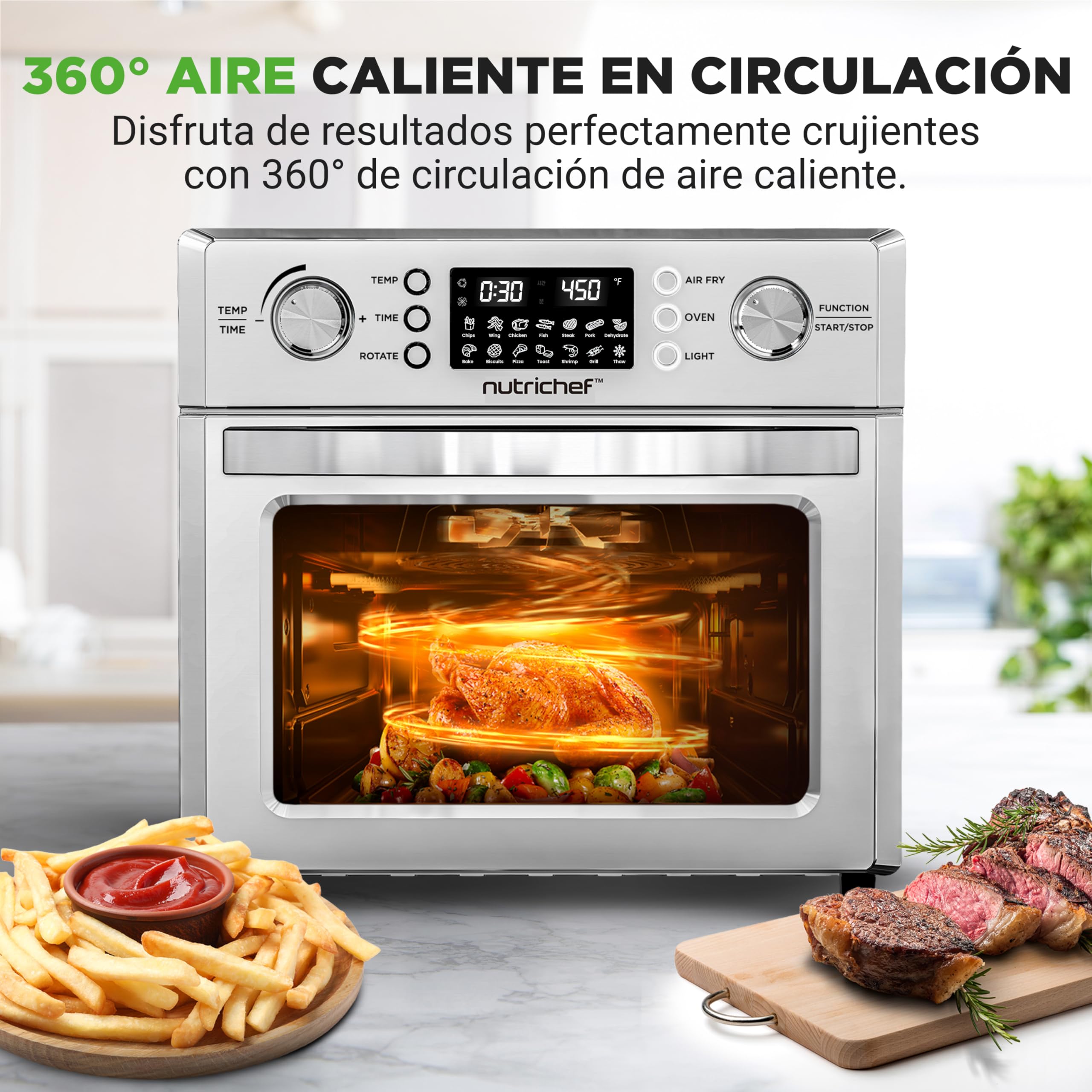 Nutrichef freidora aire, Air fryer, 26L, Horno, Electrico, 10 funciones automaticas, Incluye Bandeja recolectora, canasta para freír y rejilla para hornear