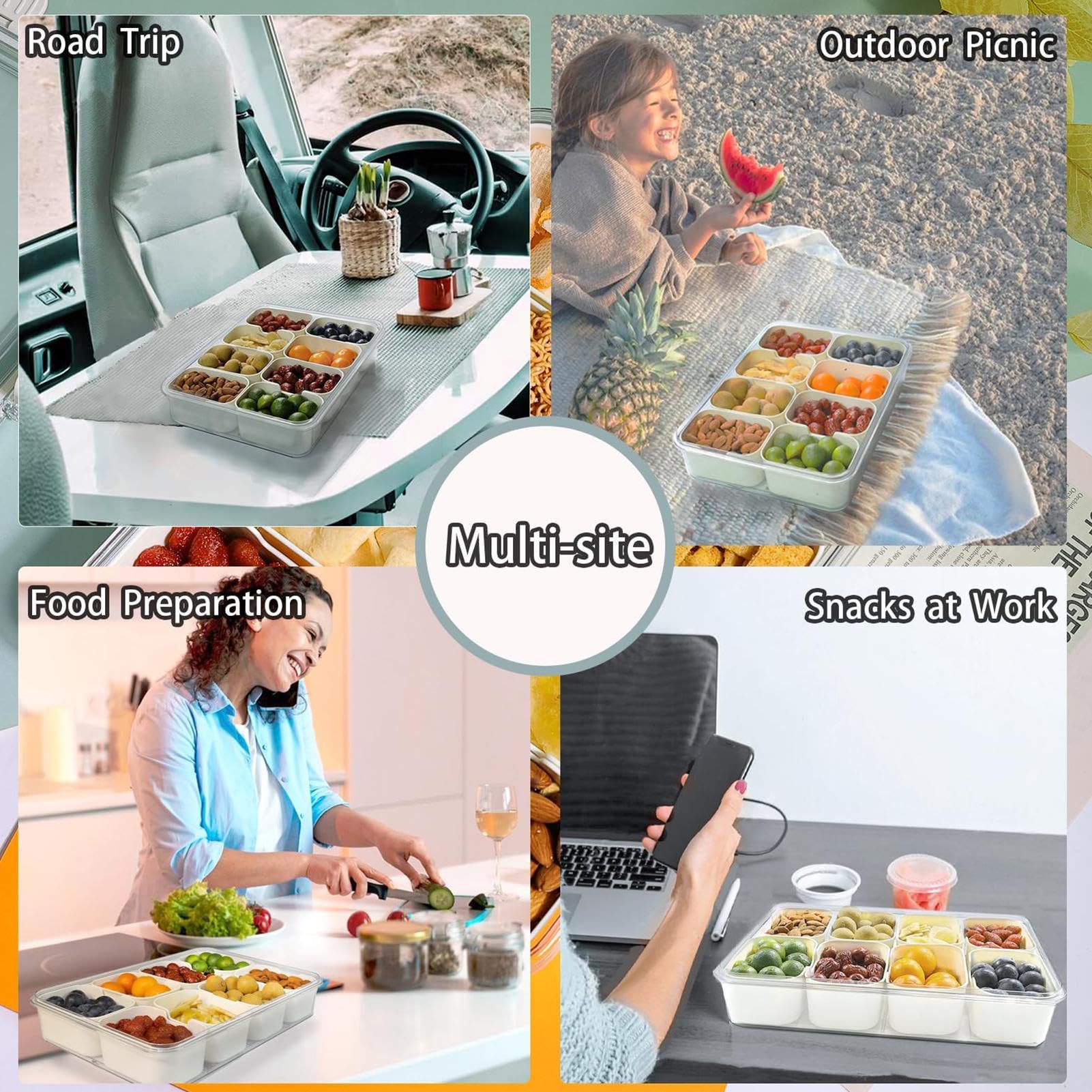 Vassoio Porta Snack Divisorio Con Coperchio E Manico - 8 Scomparti Per Picnic - 5