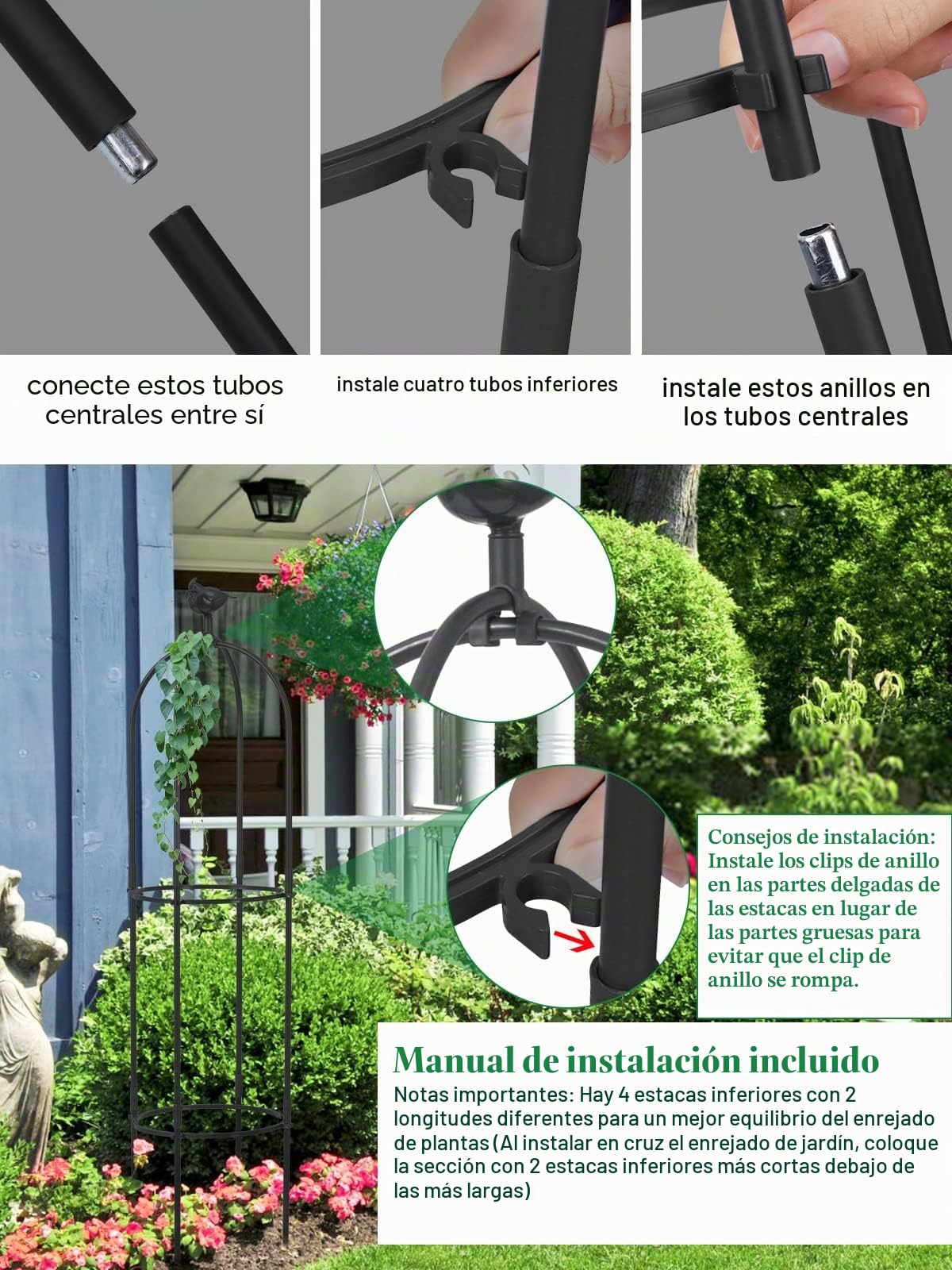 Kalolary 6 pies Enrejado Jardín Alto Plantas Trepadoras Garden Tower Obelisk Trellises Soporte Escalada Plantas Maceta Metal Inoxidable Flores Interior Exterior Soporte Vides Frutas Vegetales (Negro)