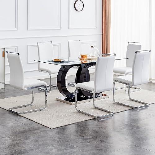 Miniatura 19 de Juego de mesa de comedor Ebullient para 6, juego de mesa de comedor de 7 piezas, tapa de mesa de cristal templado, mesa moderna de comedor con 6