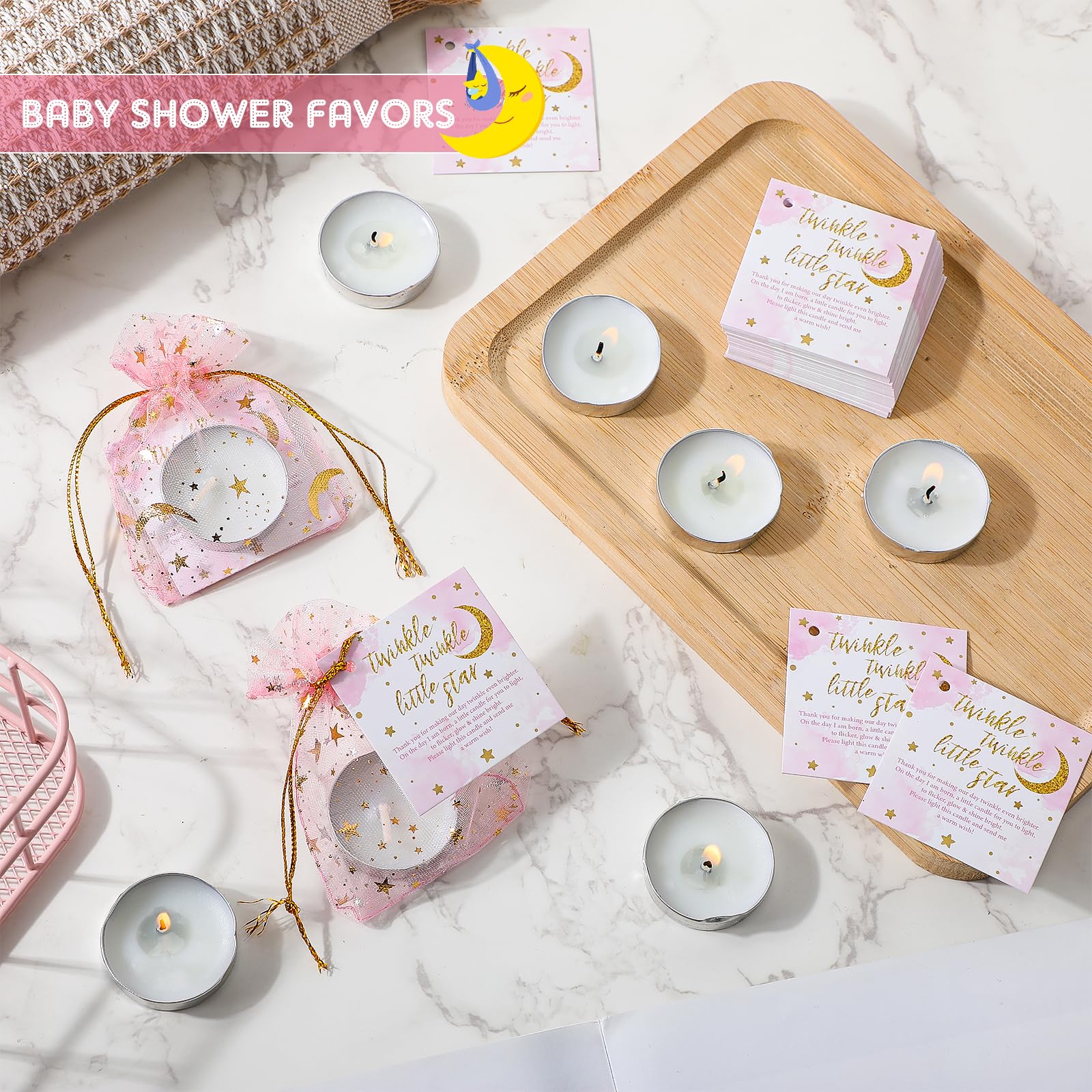 50 zestawów świec na baby shower, 50 szt. świec herbacianych dla gości, z 50 woreczkami z organzy w kształcie gwiazdy księżyca i 50 szt. zawieszki z podziękowaniami, upominki na przyjęcie dla dziecka,