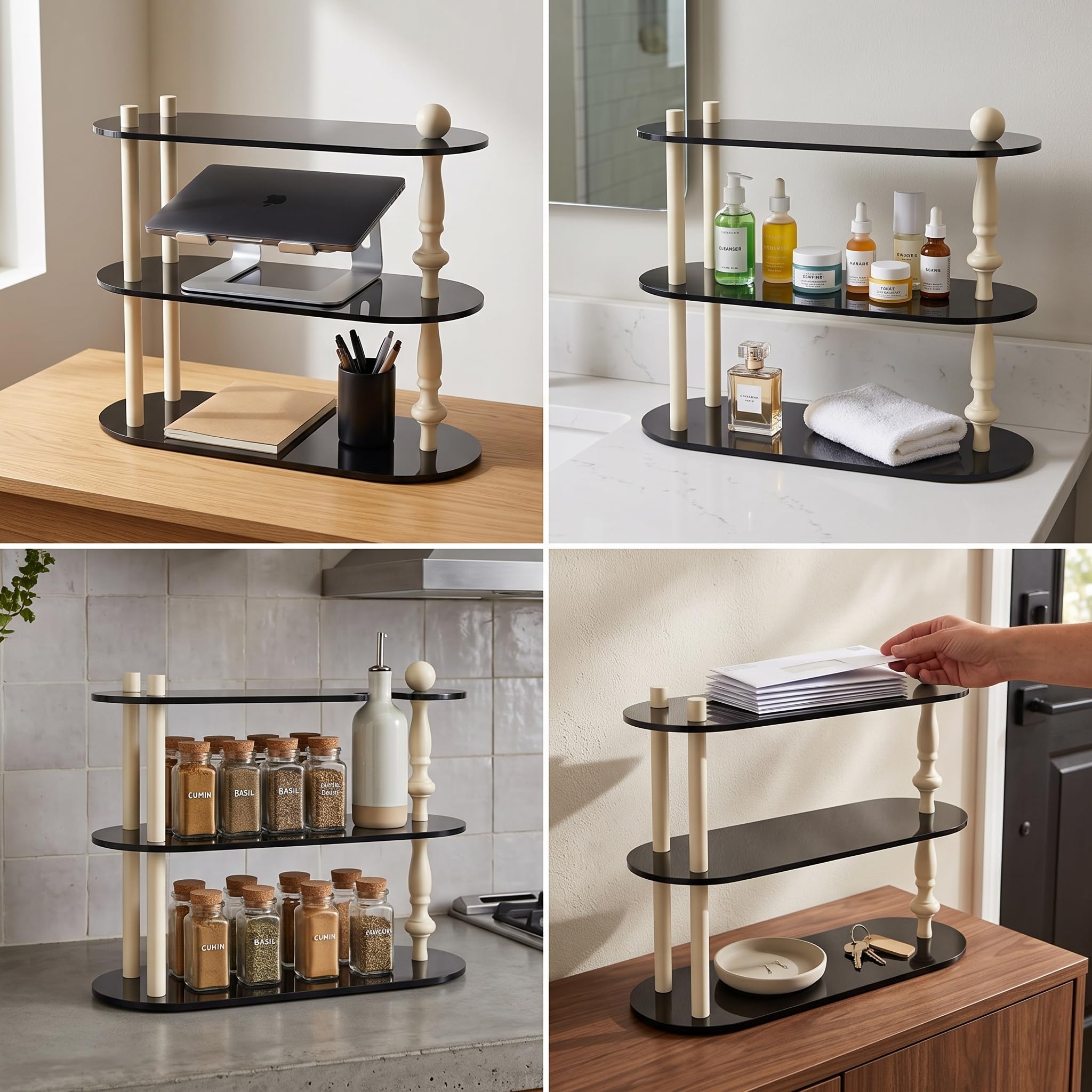 Schreibtisch Organiz und Kosmetik Organiz aus Acryl und Metall für minimalistische Arbeitsplätze und Schminktische, Leichter Luxus, Schwarz, Beige