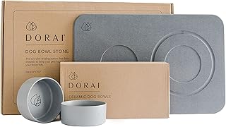 Dorai Home Dog Bowls + Stone Base Set â€“ Modern and Stylish Pet Feeding Station â€“ Non-Slip, Quick Drying Base with Diatomaceous Earth â€“ Includes 2 Bowls and Base â€“ Slate