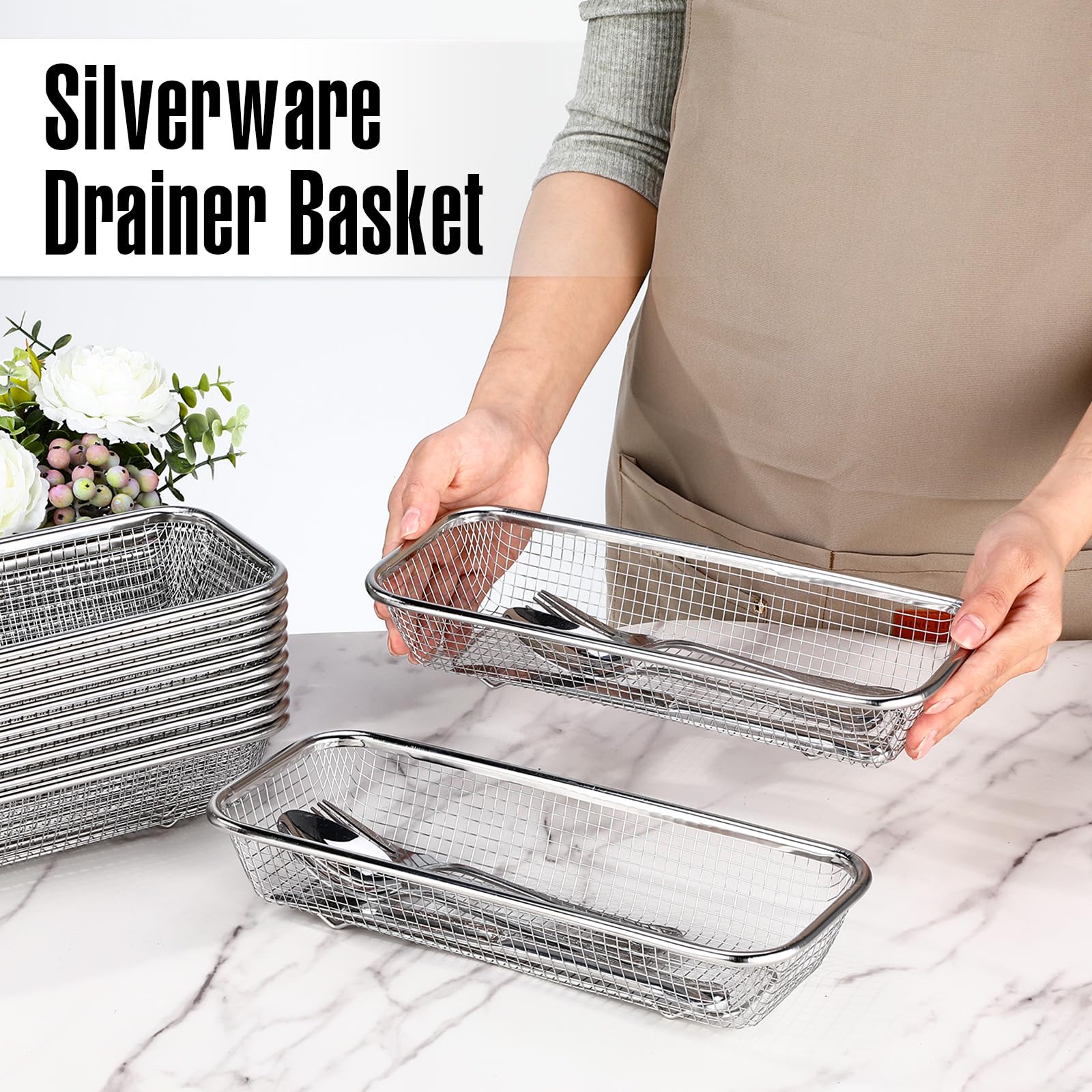 Paquete de 12 cestas de cubiertos de acero inoxidable de 12.1 x 4.9 x 2.2 pulgadas, organizador de cajones de cubiertos de cocina, apilable, cesta rectangular para utensilios para cuchillos