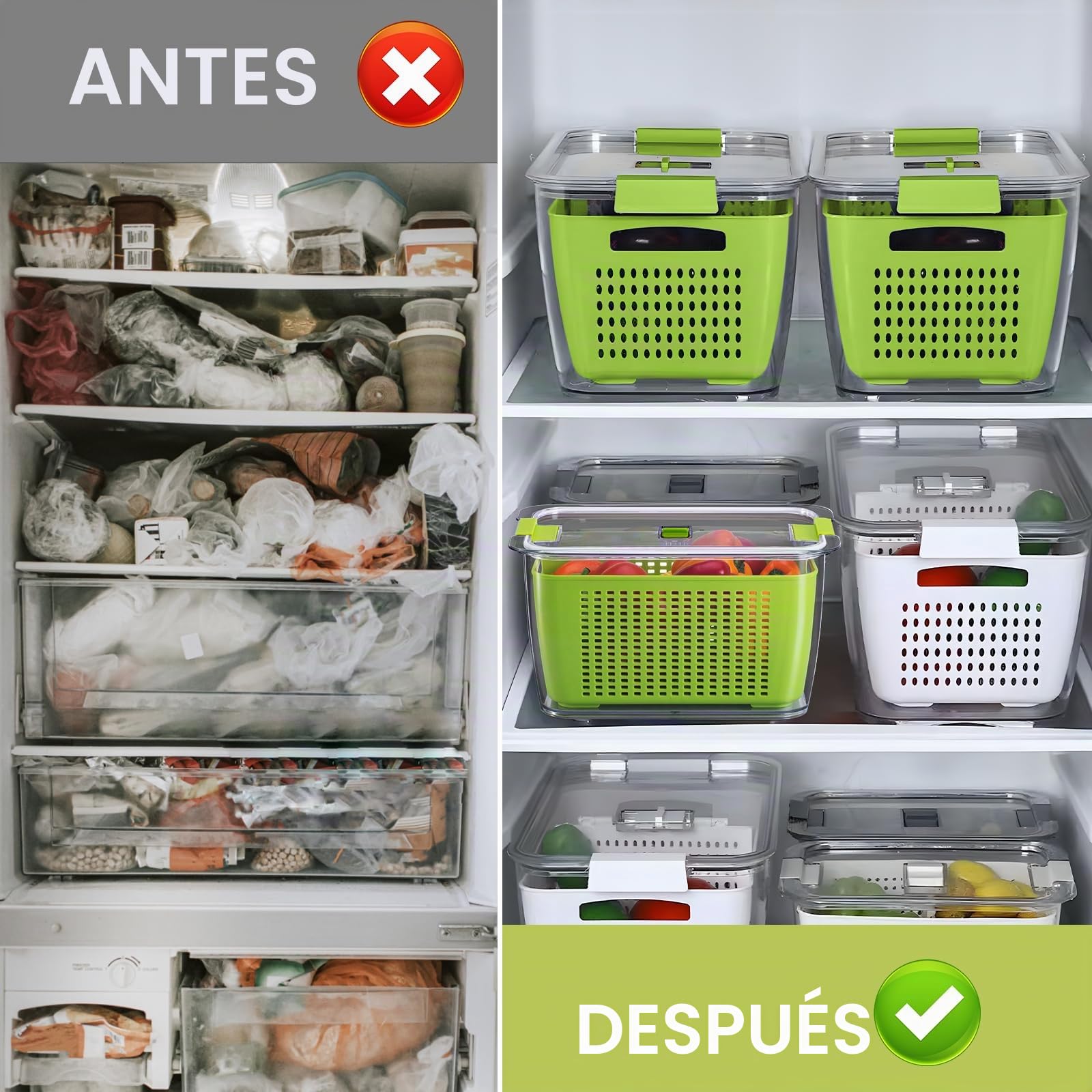 Luxear - Caja de almacenamiento de alimentos, caja fresca, 4,5 l, 1,7 l, 0,5 l, sin BPA, para almacenamiento de nevera con escurridor, contenedor de conservación, ensalada para verduras y frutas