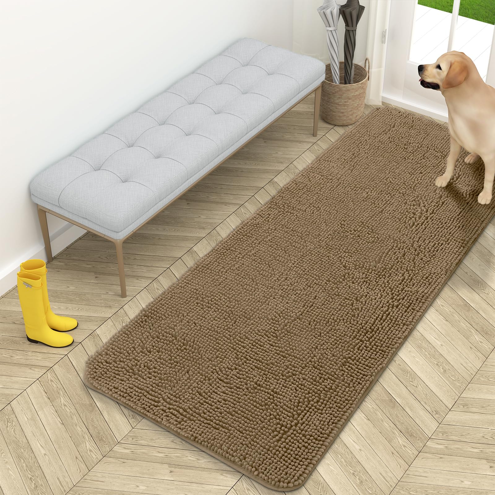 OLANLY Dog Door Mat for Muddy Paws 59x24, Absorbs Moisture and Dirt, Absorbent Non-Slip Washable Doormat, Quick Dry Chenille Mud Mat for Dogs, Entry