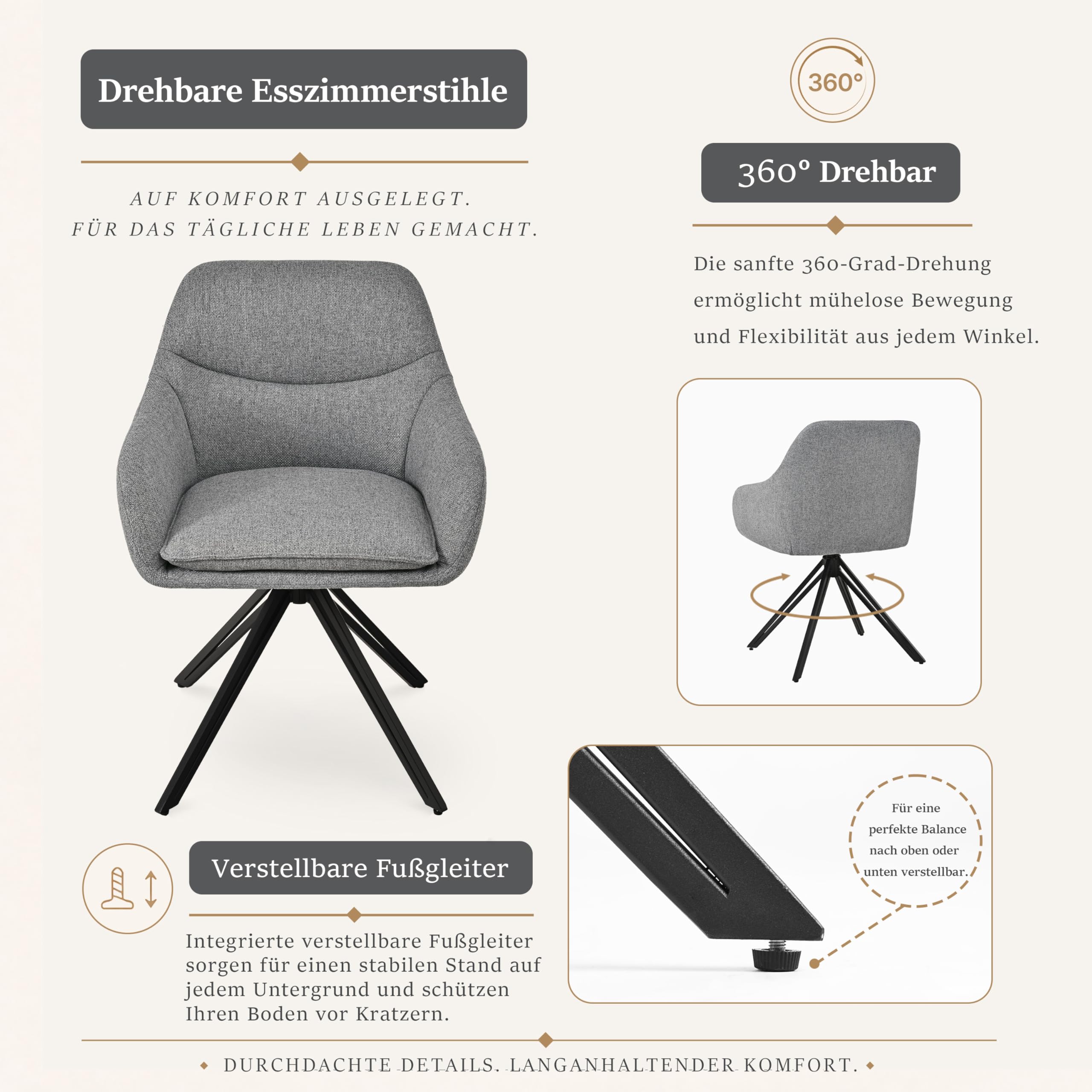 Esszimmerstühle Drehbar 6er Set mit Armlehne, Drehstuhl Esszimmer, Polsterstuhl, 360° drehbar, Küchenstuhl mit Metallbeine für Esszimmer, Büro, Taubengrau