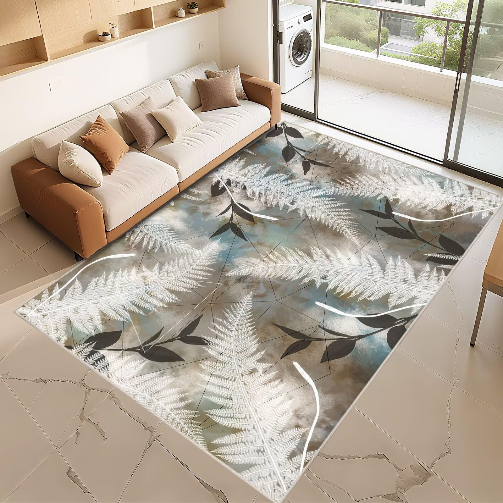 Tapis chambre enfant bleu 170x240cm avec motif feuilles blanches