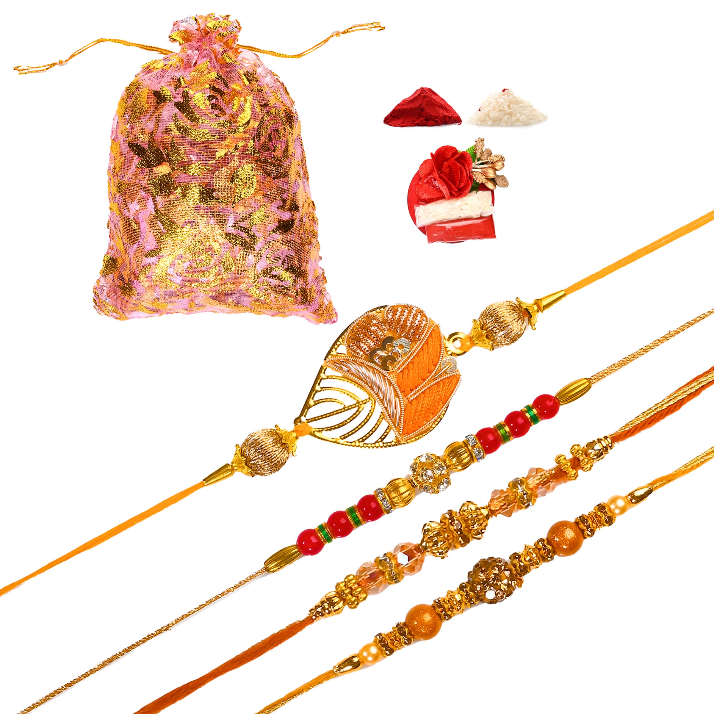 Tarini Gallery Set of 4 Rakhi for Brother Bhabhi and Bhatija Bhai Bhaiya Raksha Bandhan gift Rakhi Thread Rakhi with Roli Chawal and Greeting card gift pack in pouch/Potli bag