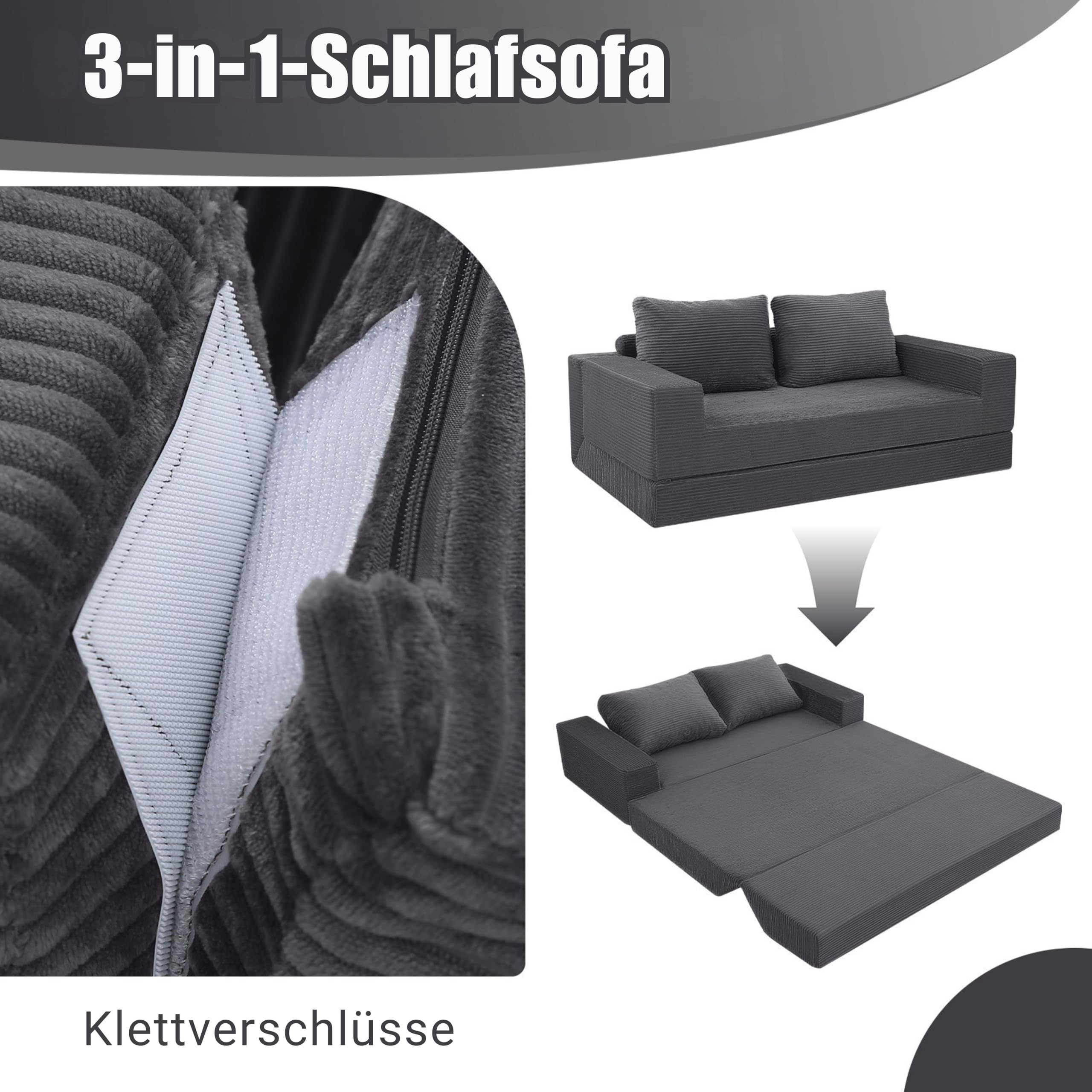 MeMoreCool Boneless Couch, Cord Faltbares Bodensofa mit Kissen, Ausziehbares Futon Schlafsofa, Bequemes Lounge-Sofa/Matratze/Gästebett für Wohnzimmer und Schlafzimmer, Grau