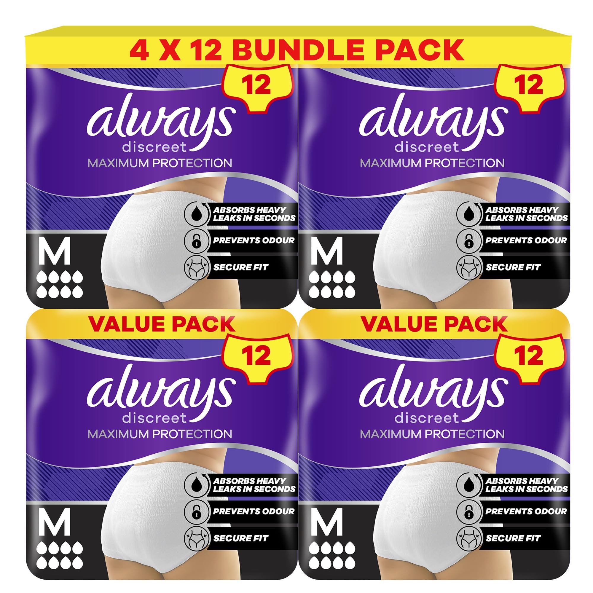 Incontinence Pant Maximum Protection 8 Drops, Size M, 4x12 Counts, with Odour Neutralising Technology