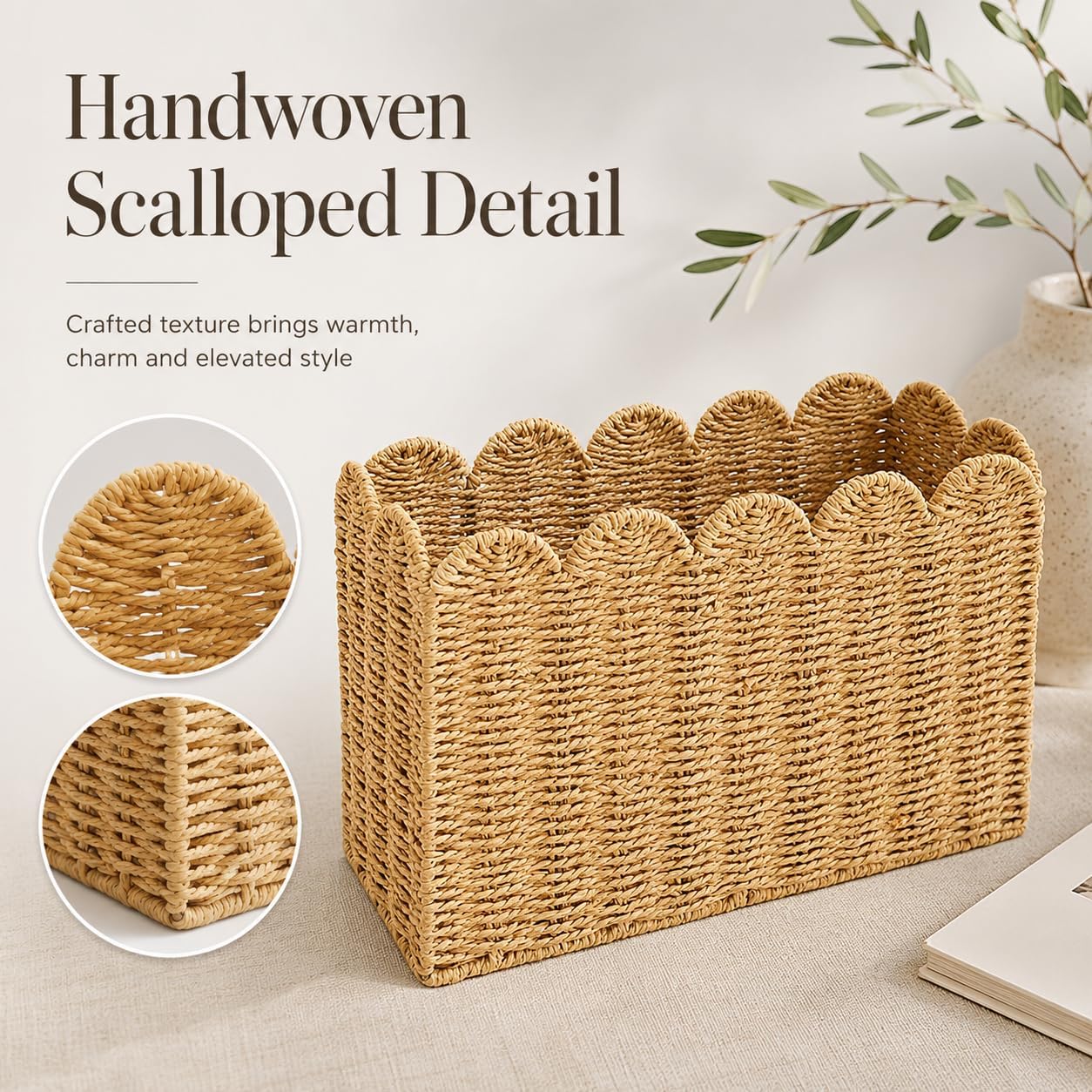 Natural Paper Rope Magazine Holder, Scalloped Magazine Basket image 3