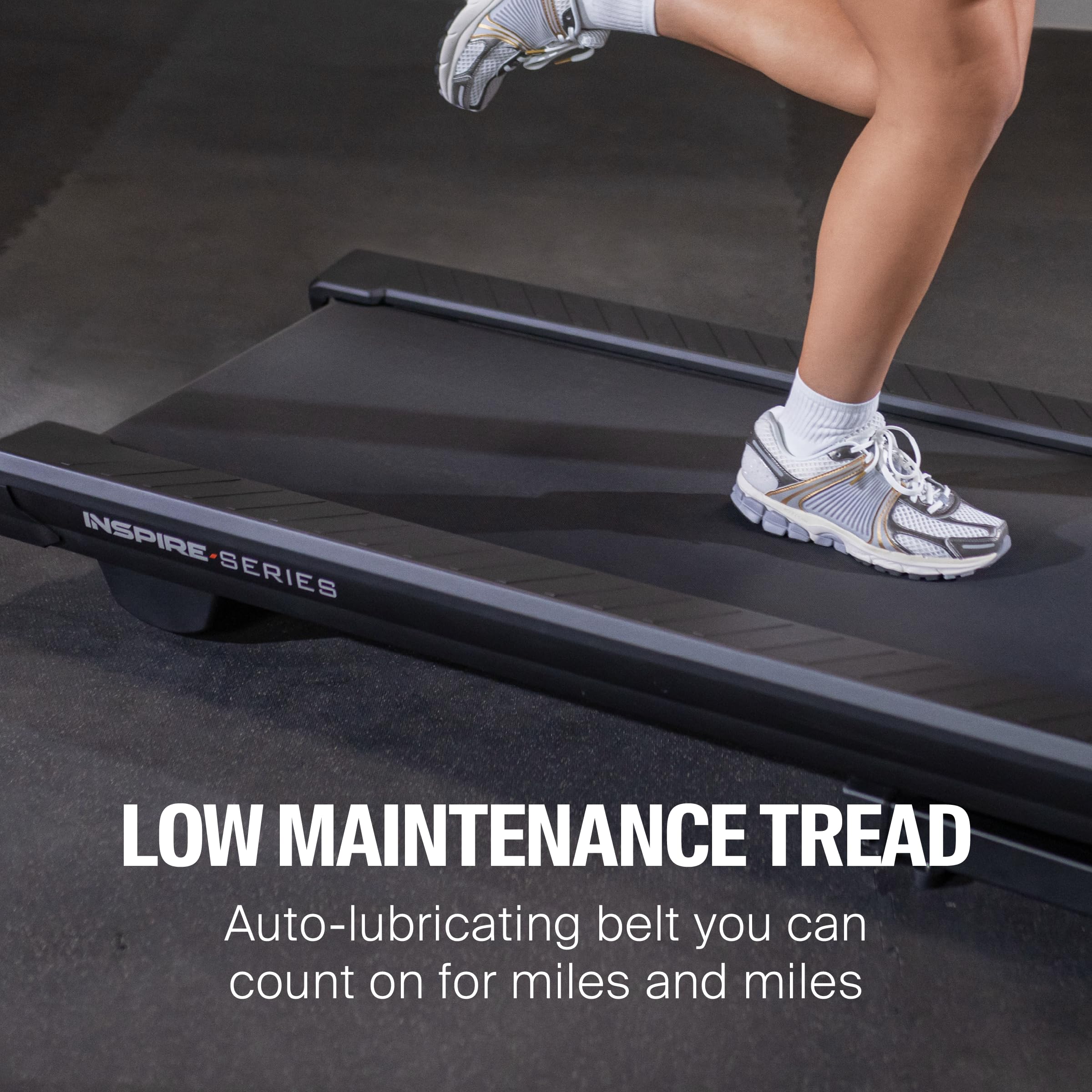 Close-up of treadmill belt with text 'Low Maintenance Tread'