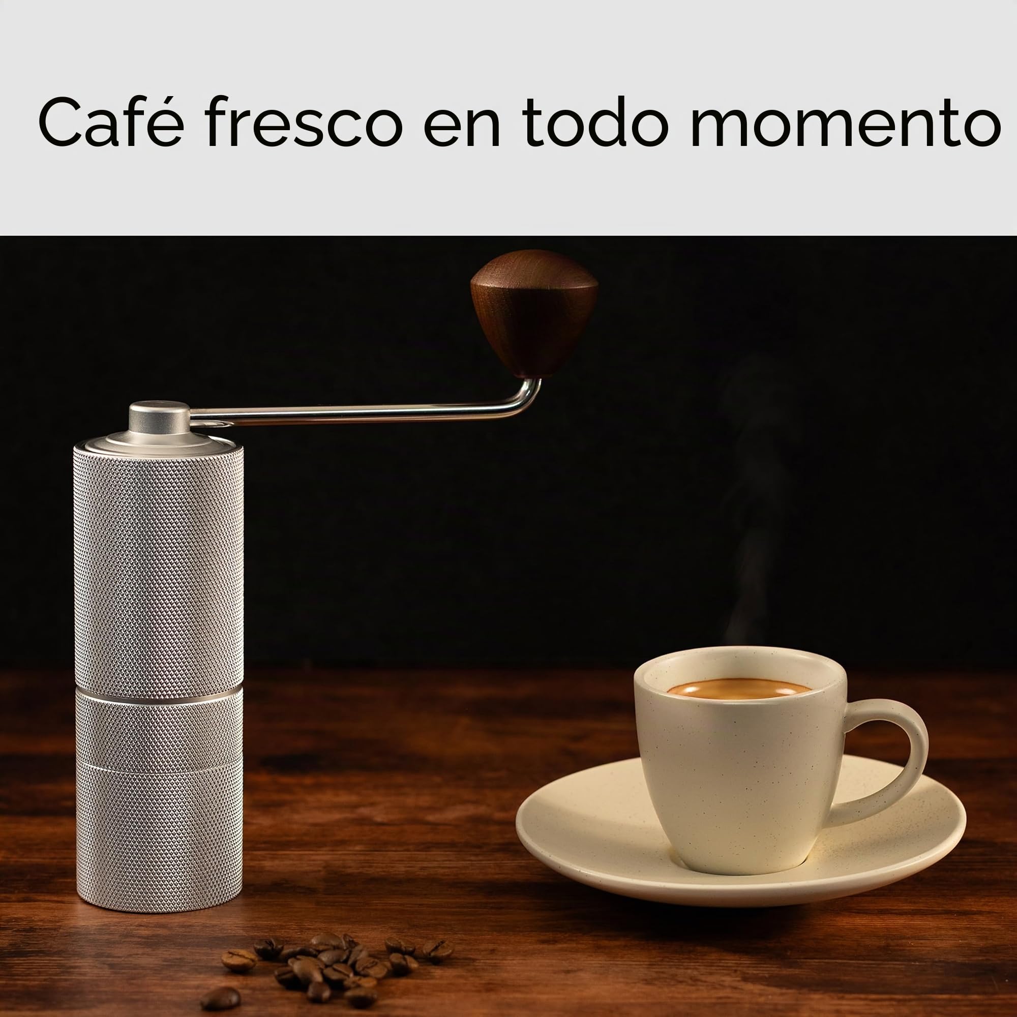 Hanseküche Molinillo de café - Molinillo de café manual con mecanismo de precisión de acero inoxidable y mango de madera - Molinillo cónico para espresso, molinillo de café, acero inoxidable (plata
