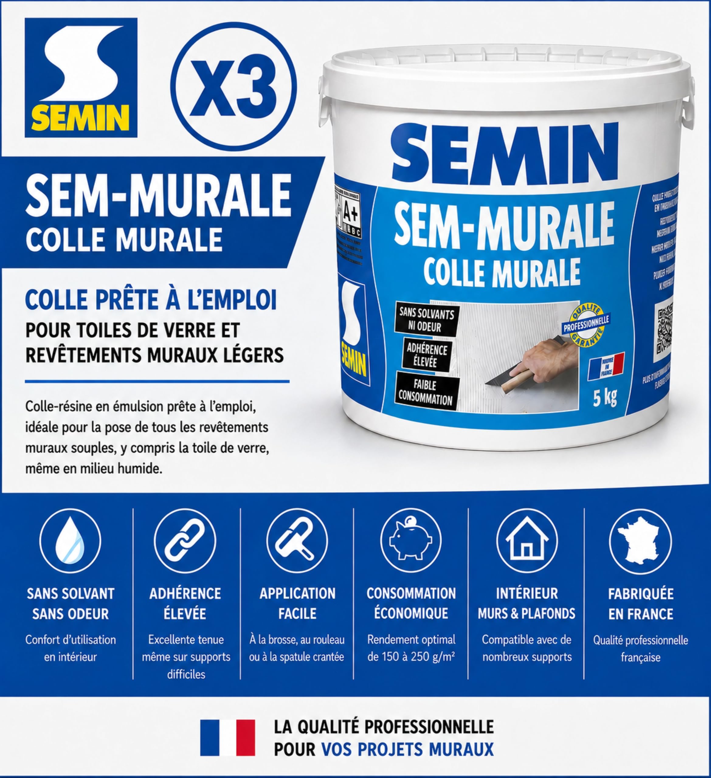SEMIN Sem-Murale – Colle Toile de Verre & Revêtements Muraux Légers – Prête à l’Emploi – Forte Adhérence – Intérieur Murs & Plafonds – Sans Odeur – 3 seaux de 5 kg