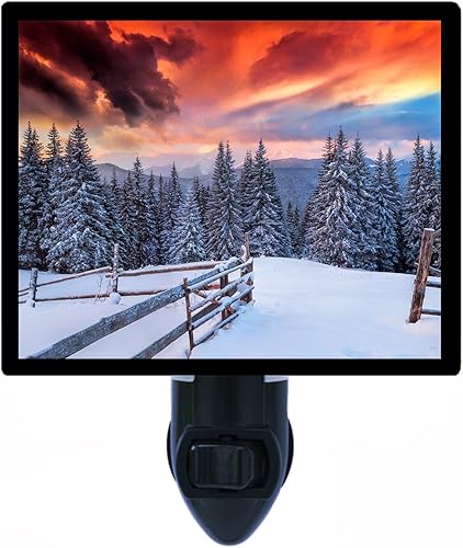 Miniatura 1 de Luz de la noche, paisaje de montaña, puesta del sol, invierno, árboles luz de noche LED