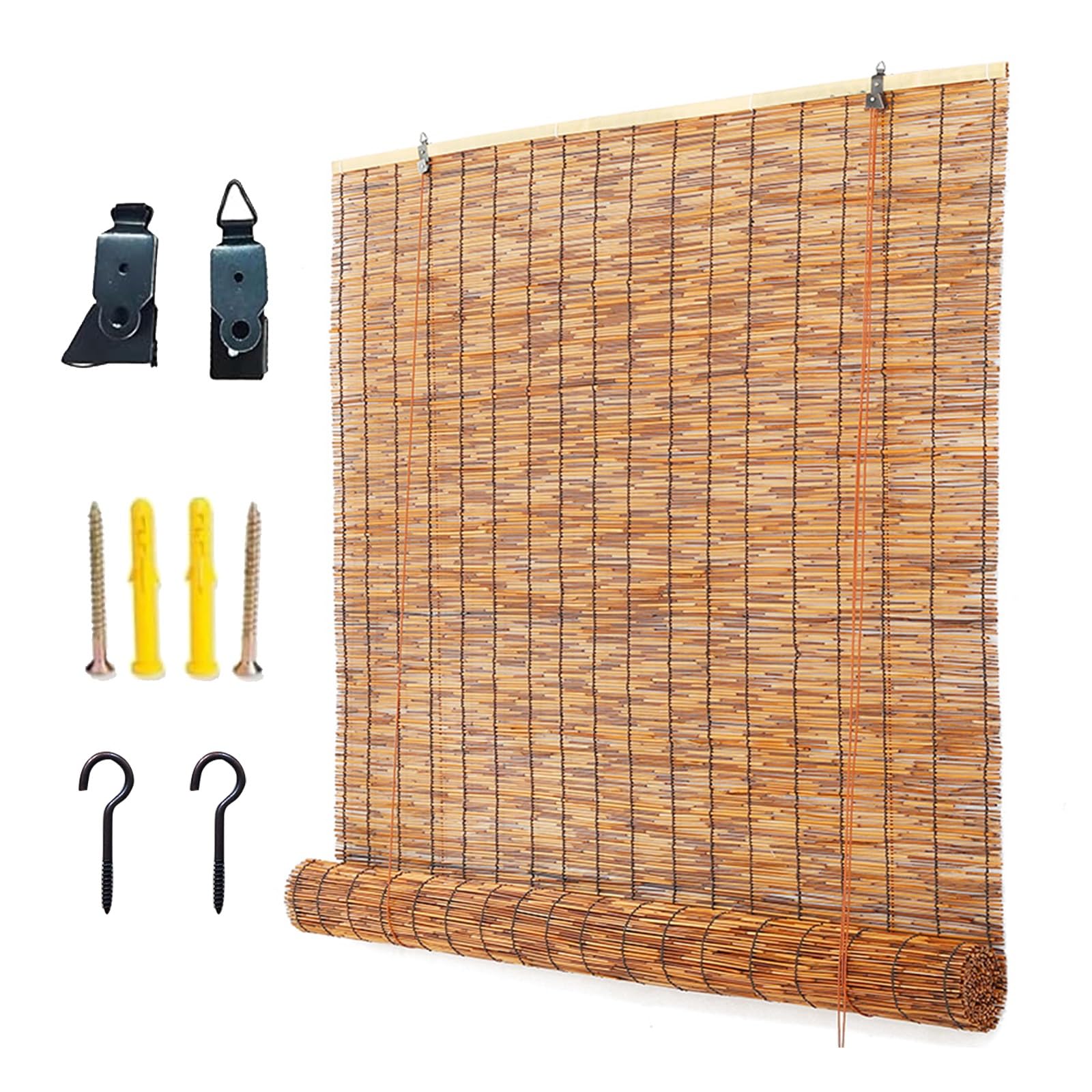 Plwupe One Color Roll-Up Bamboo Blinds, Outdoor Patio Waterproof Roller Shades, Cordless Roman Roller Curtain For Porch Yard Pergola Privacy Blackout Bamboo Blind With Lifter Custom Size
