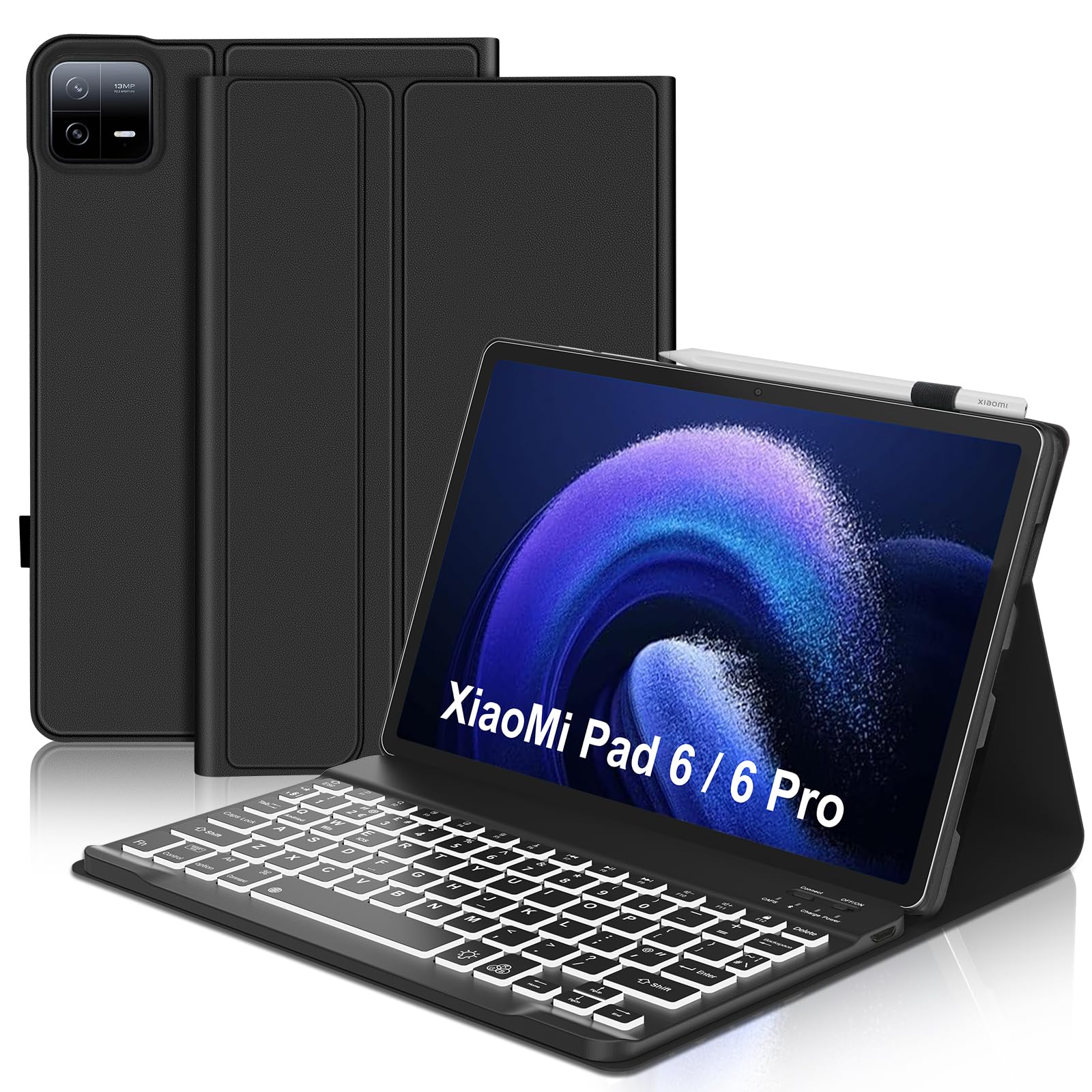 IVEOPPE Keyboard Case for Xiaomi Pad 6/6 Pro 11 Inch 2023 Tablet, Slim PU Stand Cover with Magnetically Detachable Wireless Bluetooth Backlight Keyboard, Black