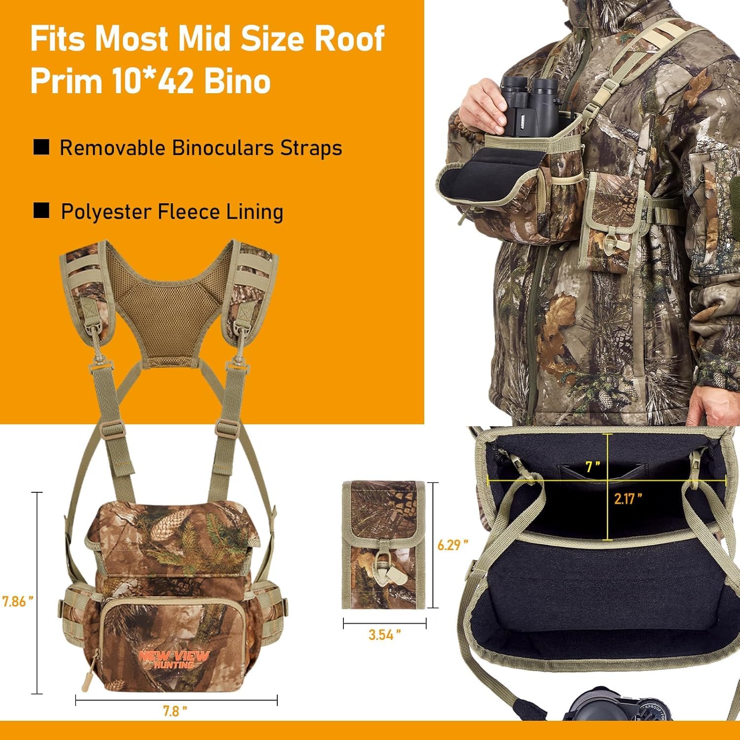 NewView Binocular Harness Chest Pack con tasca rimovibile, cinturino binario regolabile e parapioggia, ideale per caccia, escursioni e birdwatching, Quiet-M, Camo Quiet, m, Taschino