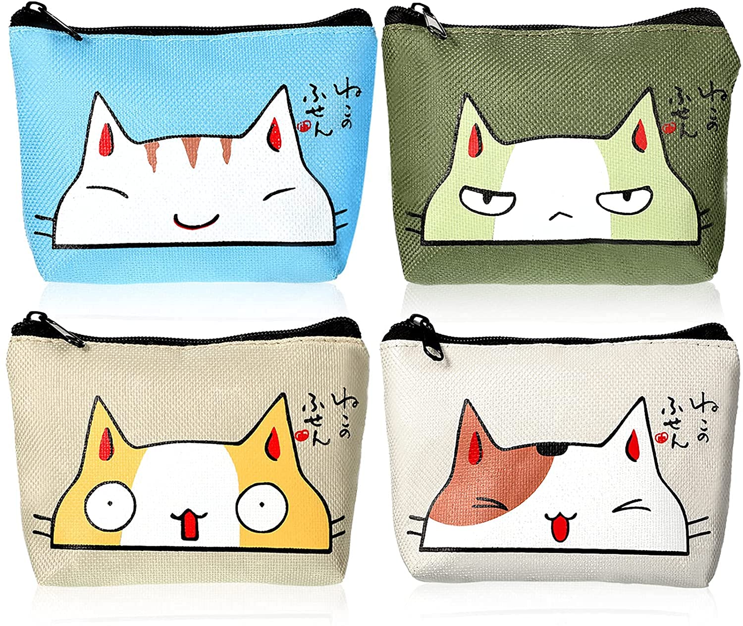 Women Wallet, Cute Coin Purse 4 Pieces, with Zipper Portable Coin Pouch Purse for Women Girl Credit Card ID Card Keys Headset Lipstick, Waterproof Oxford Cloth, Creative Clutch Key Case (Cat Style)