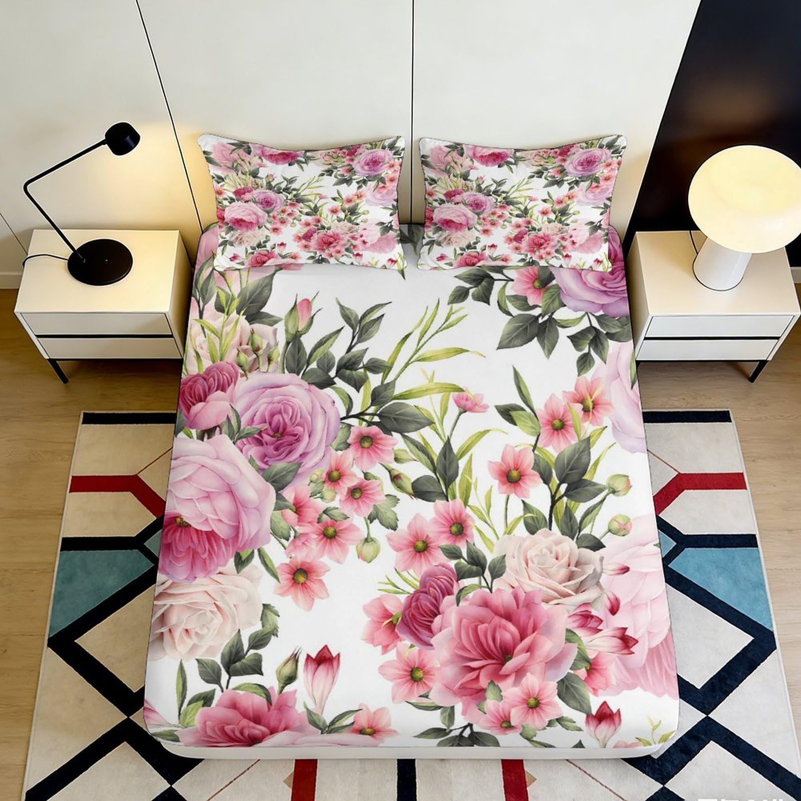 Jqzkxnhpbr Style-8 3D Printed Floral Peony Fitted Sheet Microfiber Soft Bedroom Decor Blossom Mattress Cover Machine Washable Anti-Slip 90X200x25cm