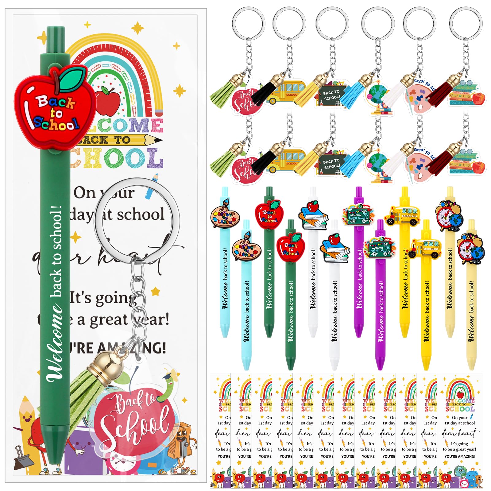 BVREUG 20 Set Back to School Party Favour Set Bulk Ballpoint Pens with Keyrings Inspirational Greeting Cards Classroom Rewards Goodie Bag Fillers First Day of School Gifts End of Year Gifts for Kids