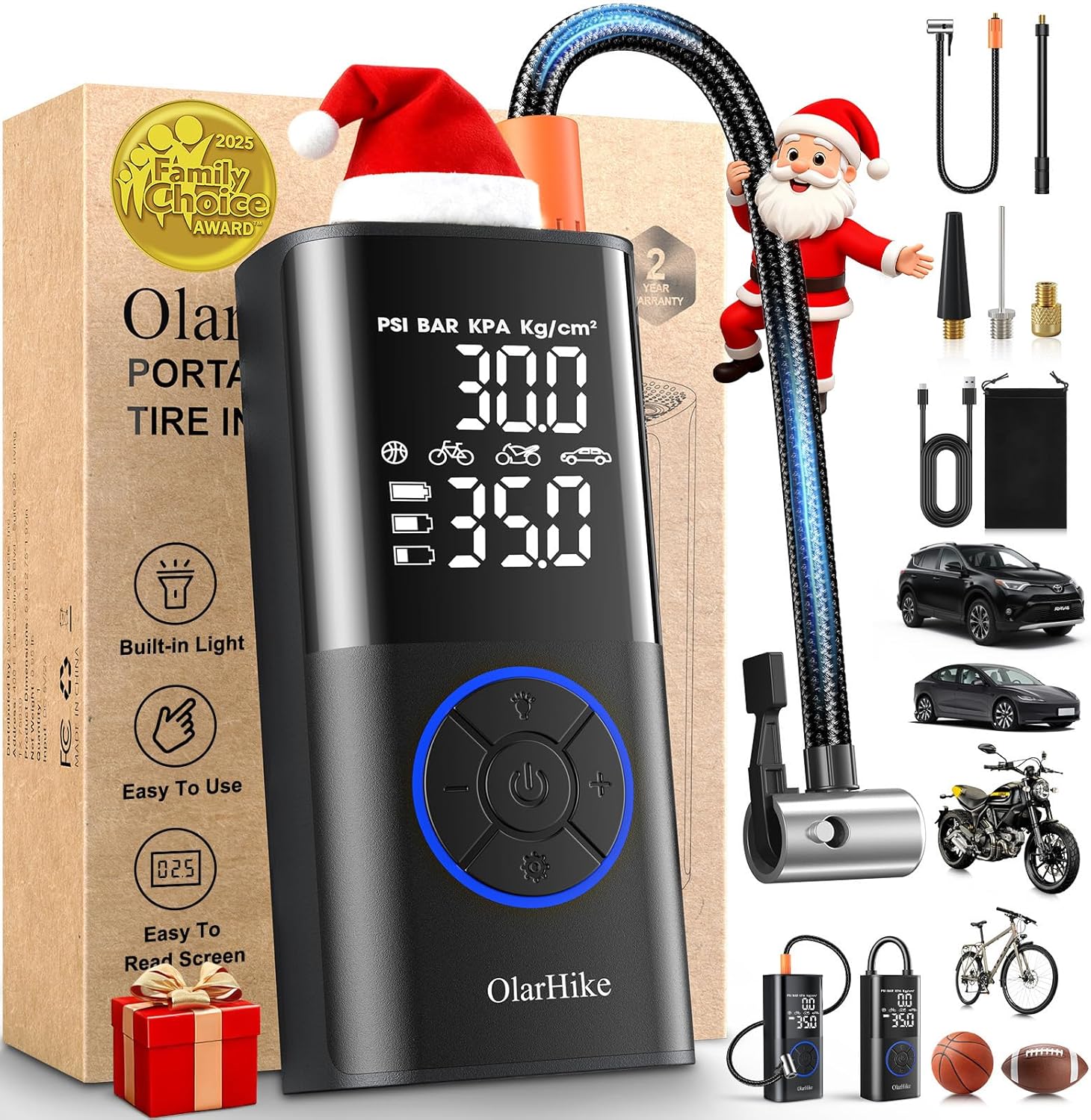 OlarHike Tire Inflator Portable Air Compressor, Smart Dual Hose System, 160PSI Auto Air Pump for Car Tires, Bike,Bicycle, Motorcycles,Electric Pump with LED Light &amp; Digital Pressure Gauge