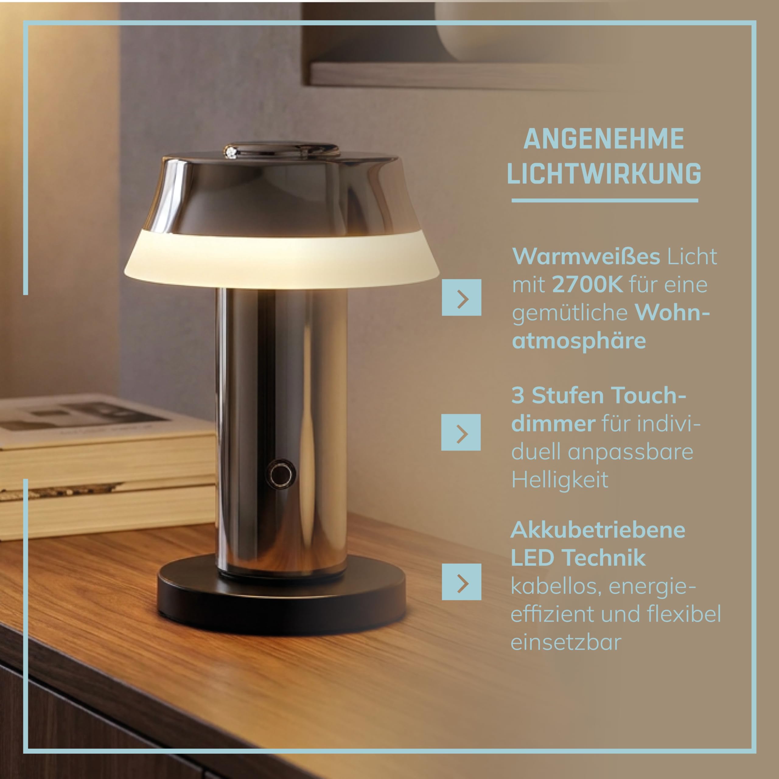 Lightbox LED Akku Tischlampe Chrome - Nachttischlampe Touch dimmbar & kabellos - 2,5W, 240lm, 2700K warmweiß - Wireless Charging
