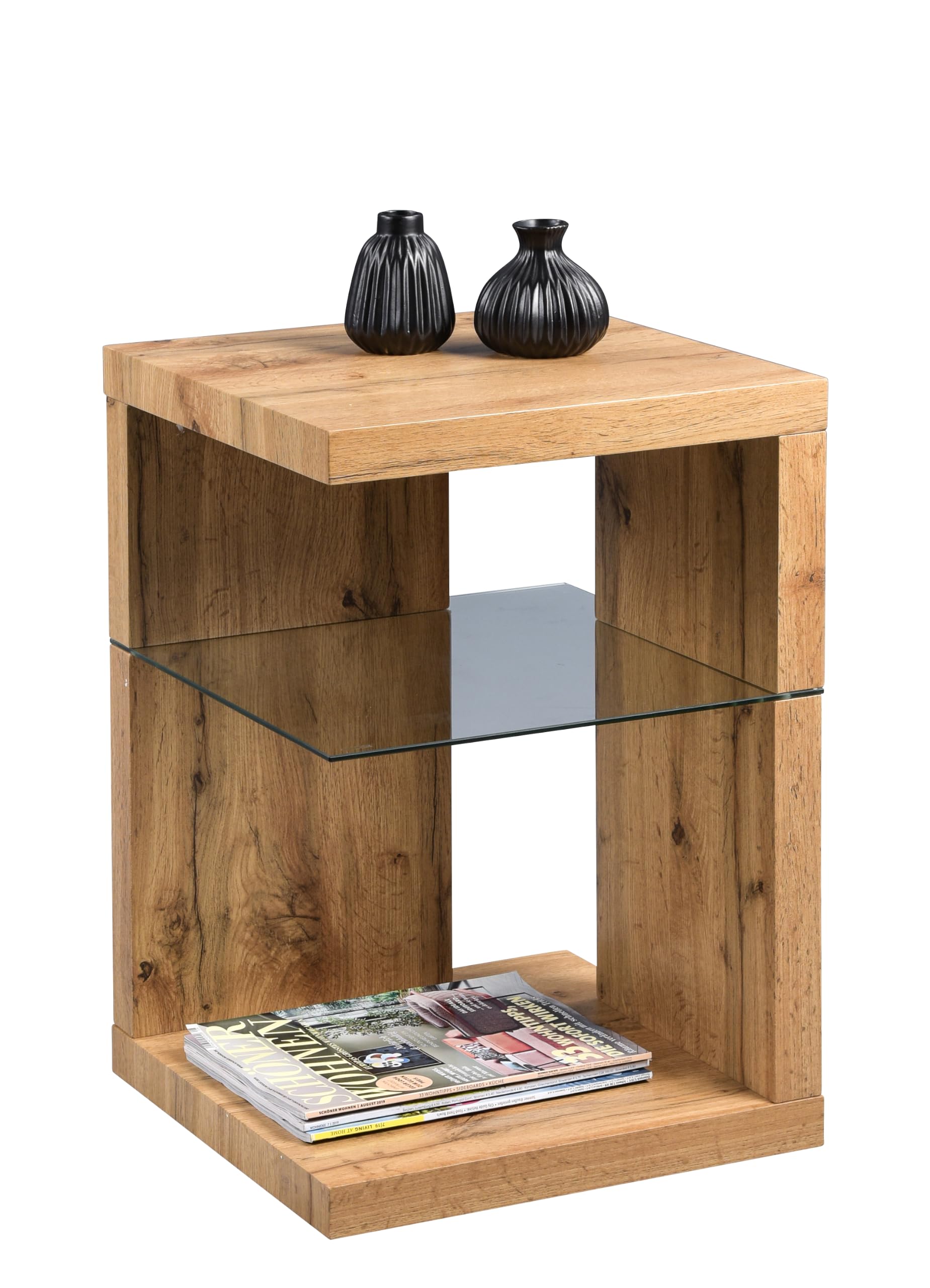 M2 Kollektion Domingo Beistelltisch/Nachttisch I Modernes Design I MDF mit Wildeiche-Dekor I Zusätzlicher Stauraum I Sicherheitsglas, 40x40x60 cm I Vielseitig einsetzbar