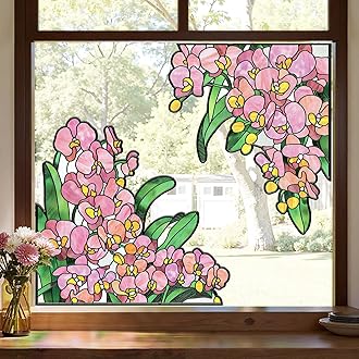 Window Stickers, ‌Stained Glass Window Privacy Film, UV Blocking Static Cling for Home Kitchen Office Bathroom, Phalaenopsis, 17.7" X 31.5"