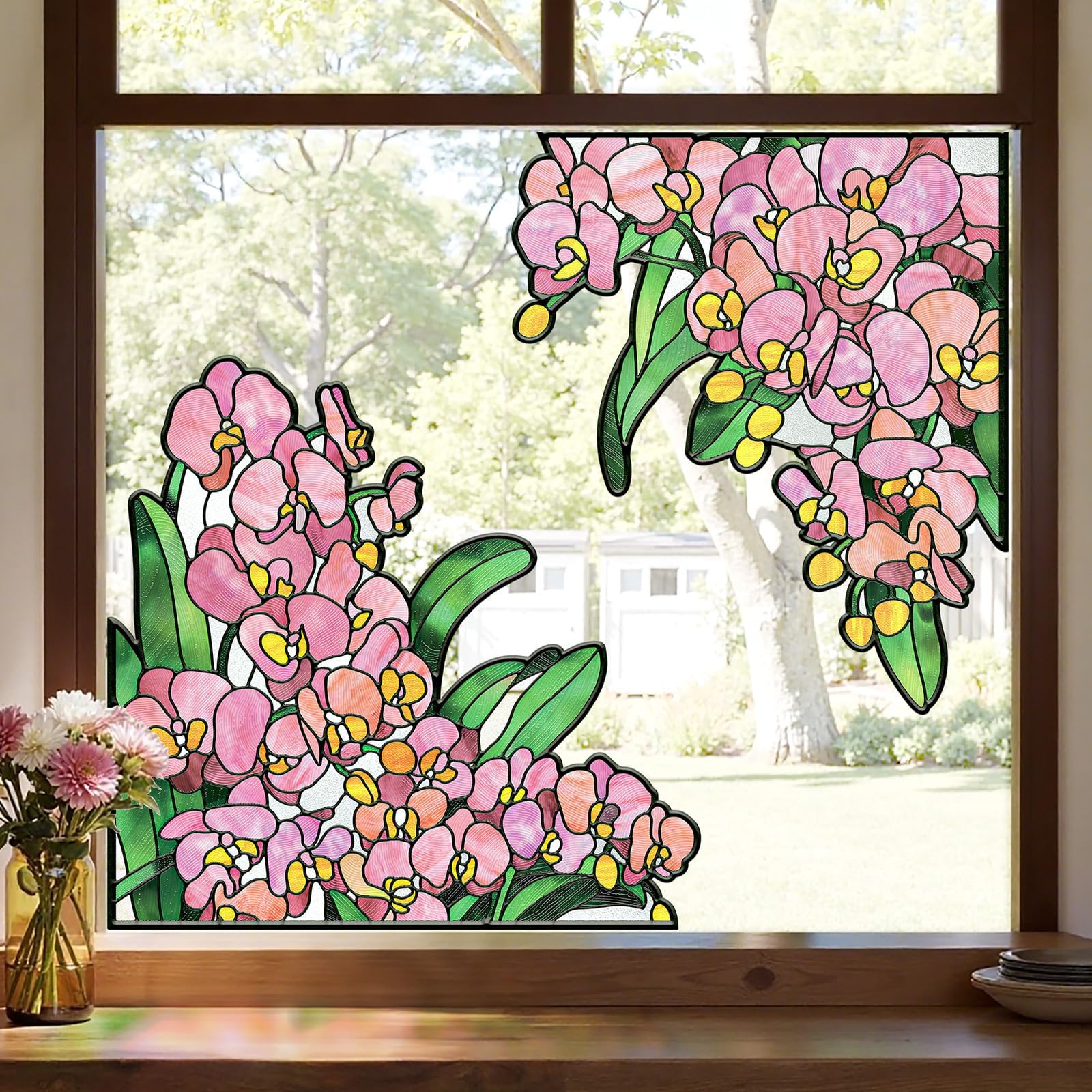 Window Stickers, ‌Stained Glass Window Privacy Film, Static Cling Window Film，UV Blocking Static Cling for Home Kitchen Office Bathroom（Phalaenopsis, 17.7" X 31.5"）