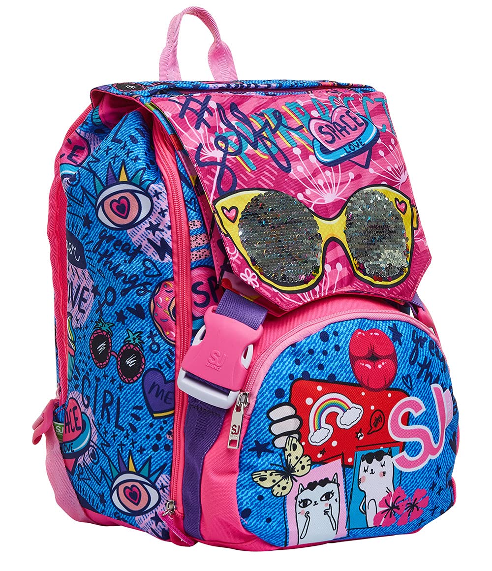 SJ GANG Backpack, Expandable Knapsack, for 1st Grade Kids - Girls&Boys, Large Capacity, For School, Sport & Free Time, with Flip-System Italian Design, pink/pattern
