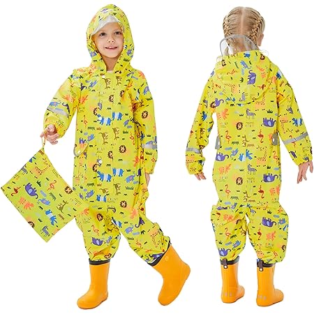 Kids Toddler Rain Suit for Boys Girls One Piece Hoodie Zipper Cartoon Waterproof Coverall Rain Jacket 1-10 Years