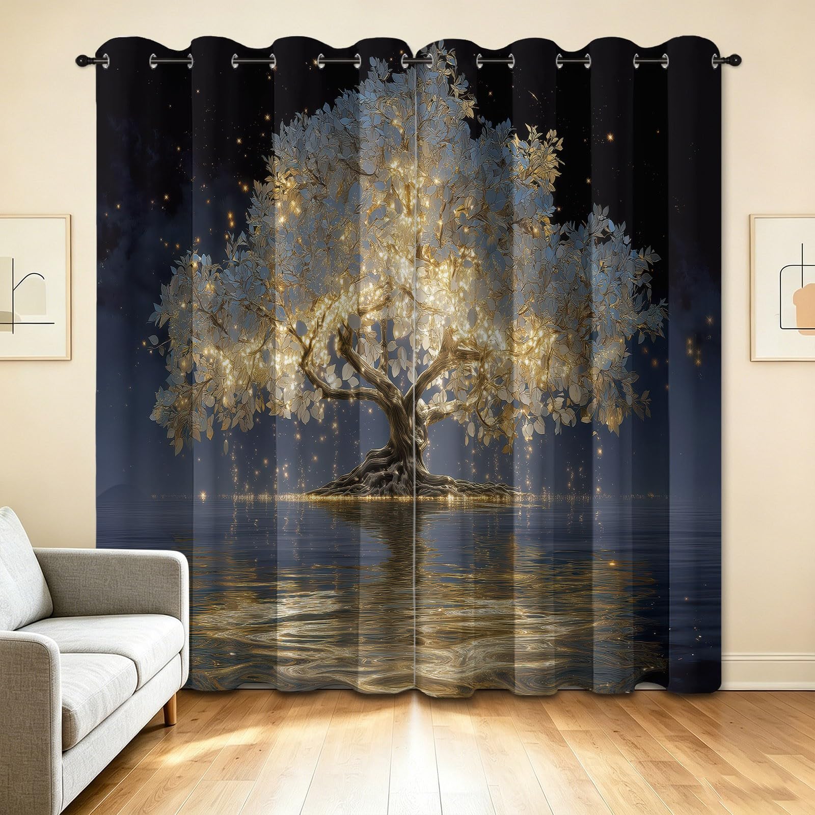 Fantazyjne zasłony zaciemniające z lasu, 140 l x 160 cm, roślina drzewo odbicie życia, dekoracja okienna do salonu i sypialni, izolacja termiczna, 2 panele