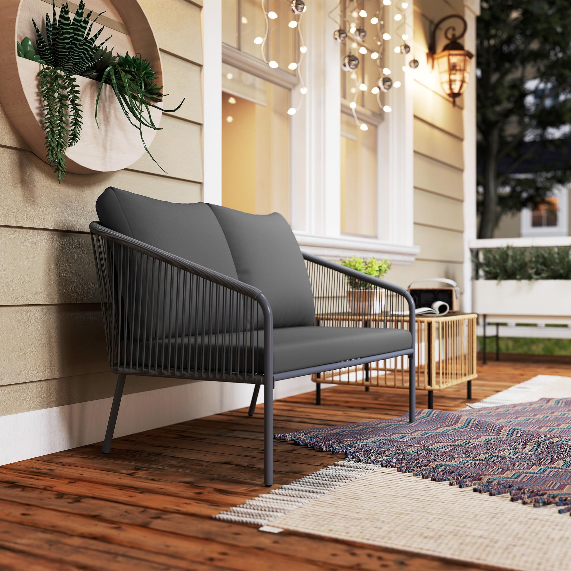 Outsunny Sofá Jardín con Cojines 2 Plazas Exterior 112x72x76 cm Gris | Sofá de ratán para balcón, muebles de patio de polirratán