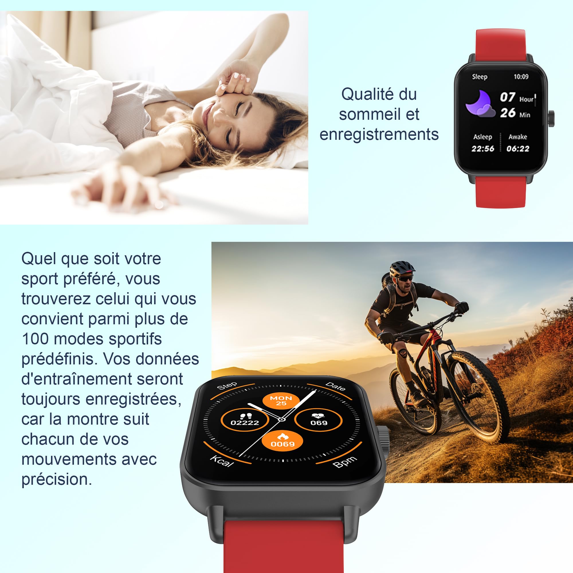 Digitec Montre connectée Square Noire avec Bracelet en Silicone Rouge, Homme Femme, Suivi activité et Sommeil