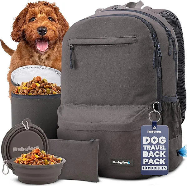 Dog Travel Bag for Supplies - Complete Dog Diaper Bag Backpack with 2 BPA-Free Travel Bowls, Treat Pouch, Food Container, Placemat & Laptop Sleeve – for Traveling, Road Trips, Hiking - Dk Grey