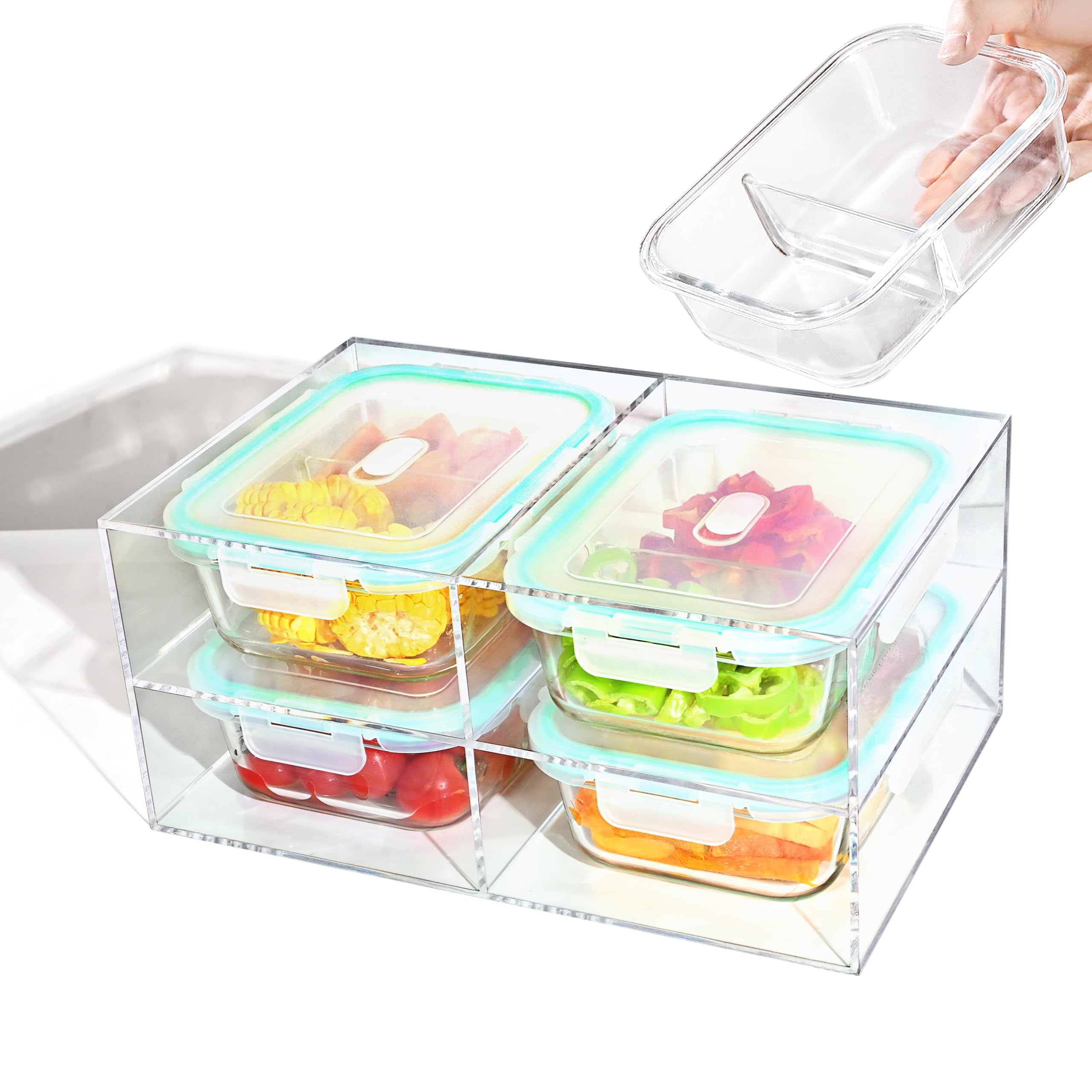 Hcrvvi 4-piece Glass Food Storage Set w/Acrylic Stand – 2-compartment 1040ml containers w/lids, BPA-free, microwave/dishwasher-safe for meal prep, storage & organisation