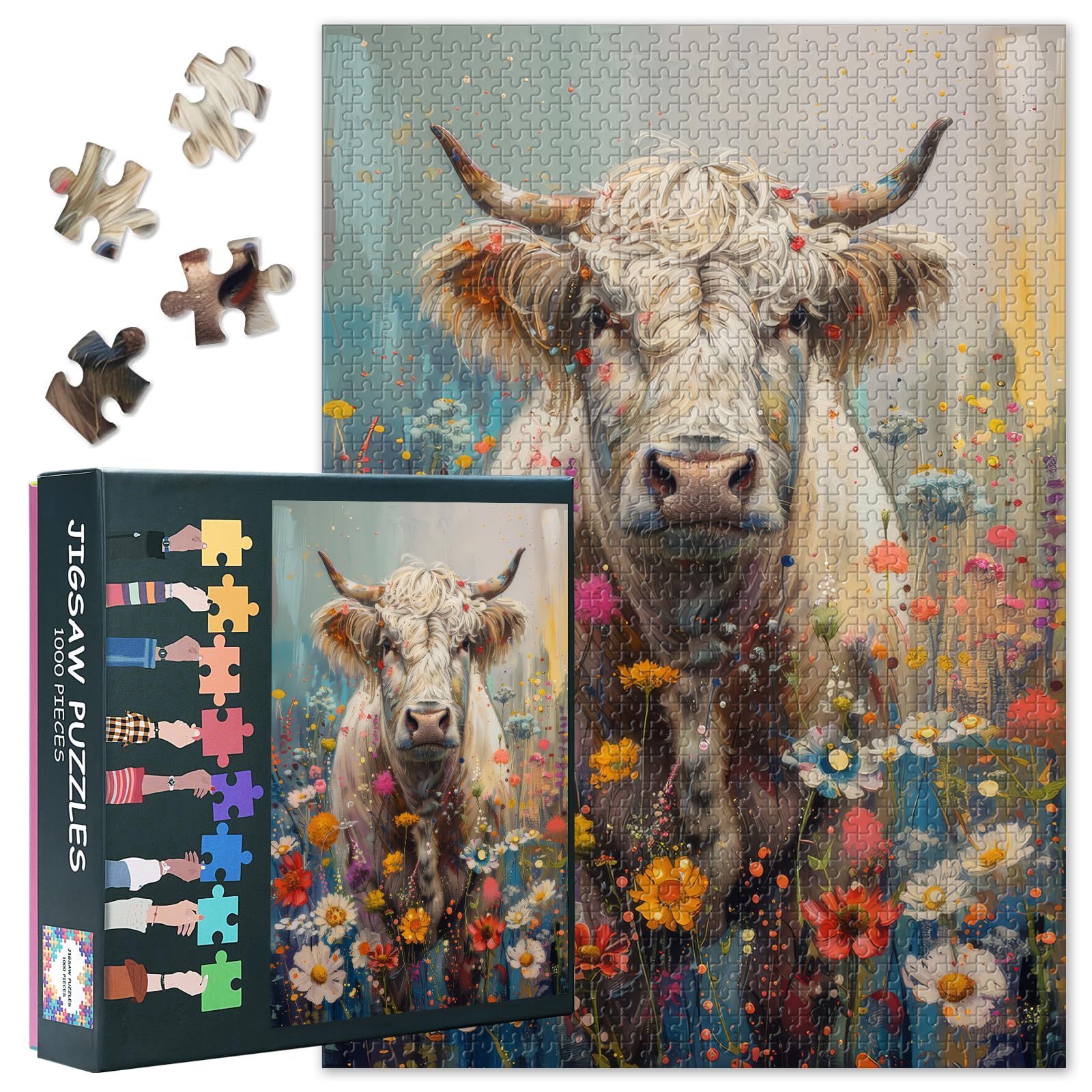 1000 Piece Jigsaw Puzzle for Adults Scottish Highland Cow Pastel Fine Art Countryside Landscape Animal Lovers Puzzle Calming Nature Scene Premium Artwork 27.5x19.7 Inches — image 1
