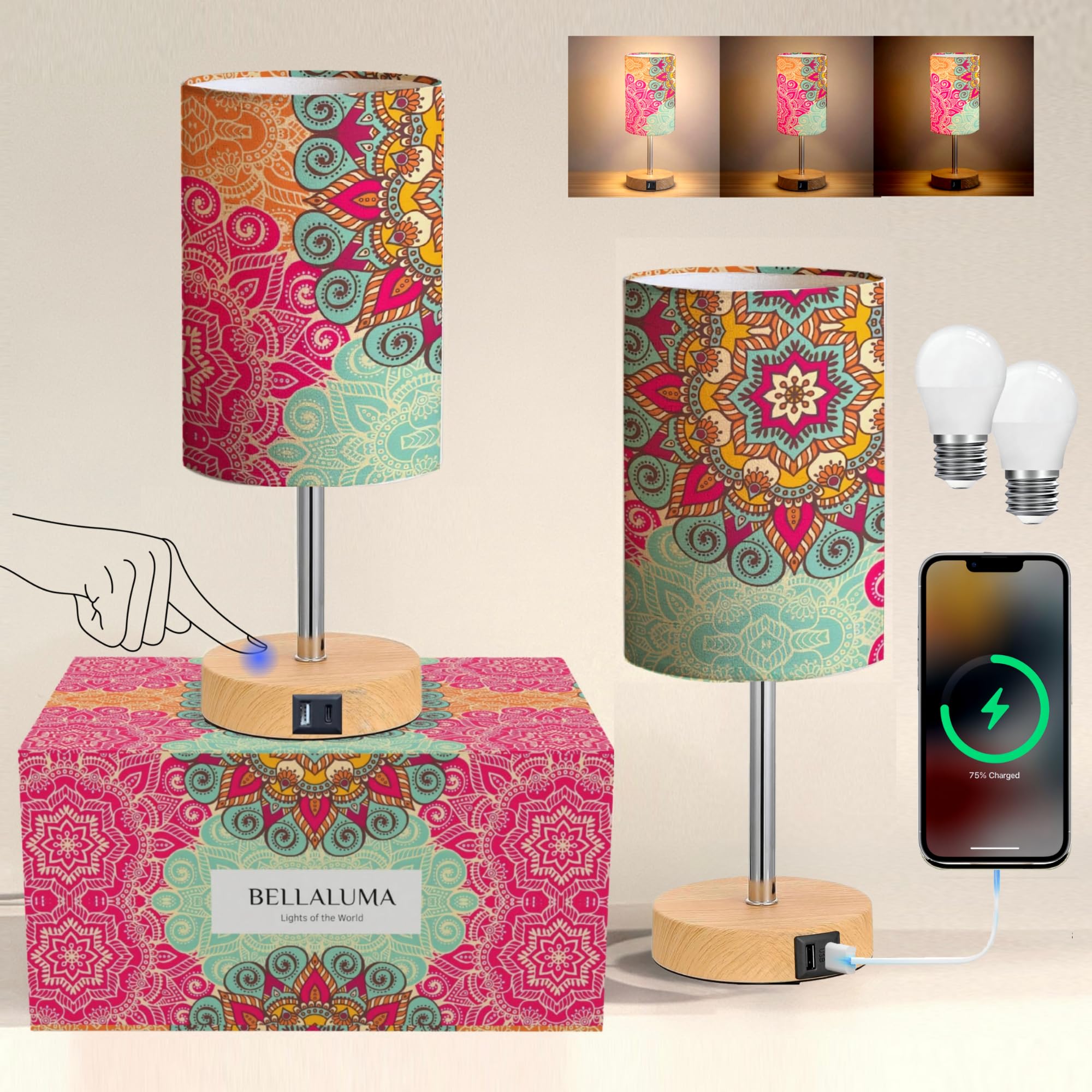 Set 2 Lampade da Comodino Touch LED con Porta USB, Abat Jour Moderne Dimmerabili 3 Livelli, Lampade Camera da Letto o Salotto, Lampadine Incluse, Regalo Premium Design (2 pezzi Bohémien)