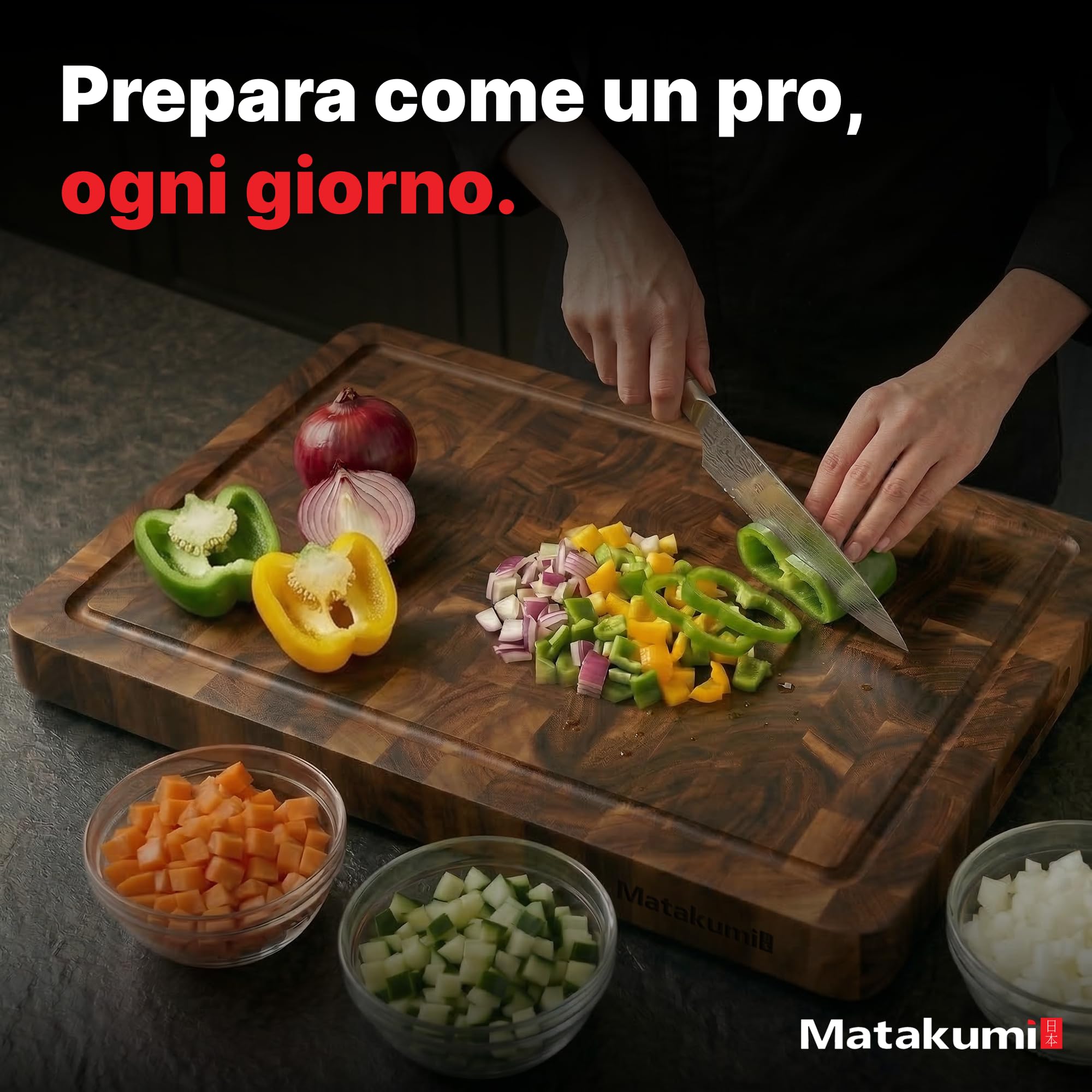 Matakumi Tagliere Legno – Tagliere in Legno di Acacia con Manici Laterali, Scanalatura per Il Succo e Legno di Testa per Mantenere Il Coltello Affilato – A Due Lati (40 x 30 x 3 cm)