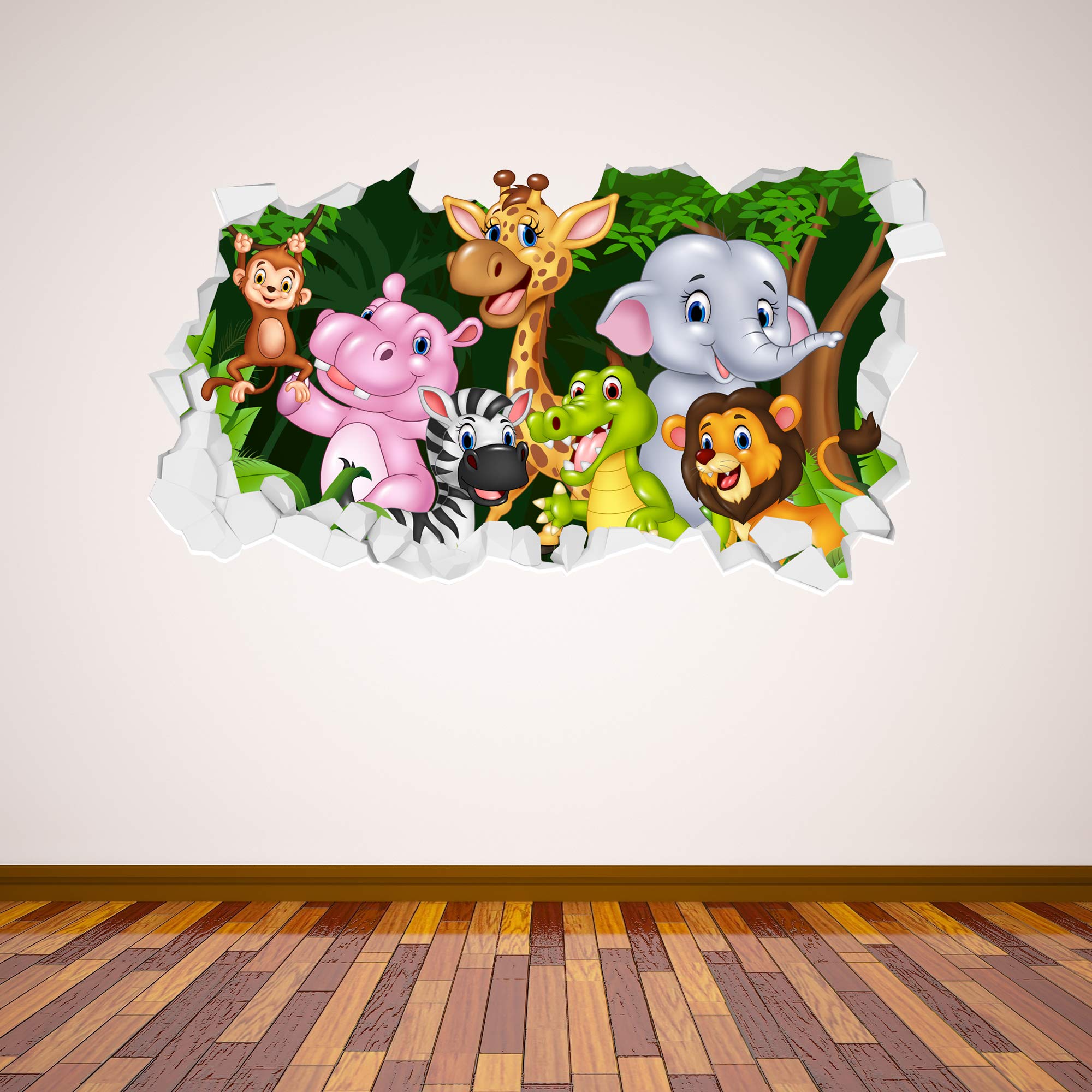 Jungle Animals Broken Wall Sticker Art Kids Decal Forest Bedroom Mural (120cm Width x 60cm Height)