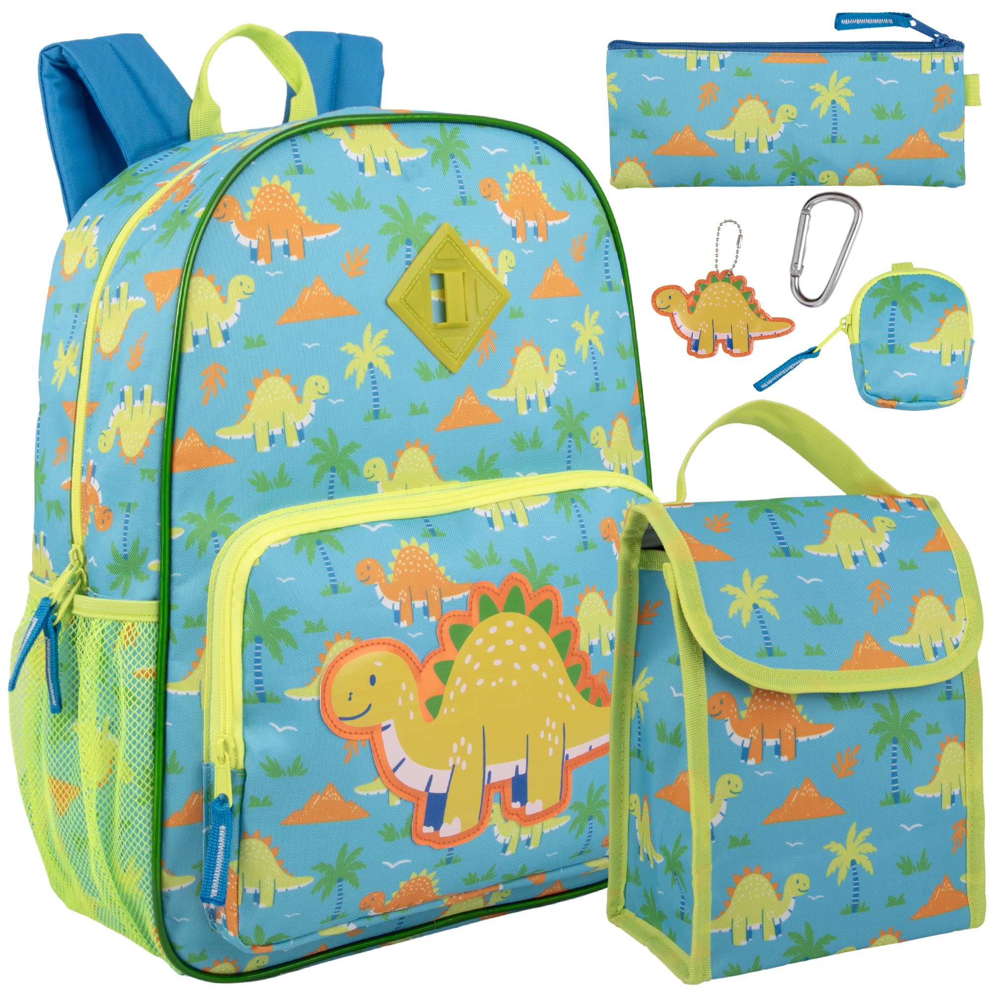 Trail maker 16.5 Inch Boys School Backpack 6 in 1 Set with Lunch Bag, Pencil Case, Tech Pouch, Keychain, Carabiner Clip Attached (Delightful Dinosaurs) for Travel, Commute